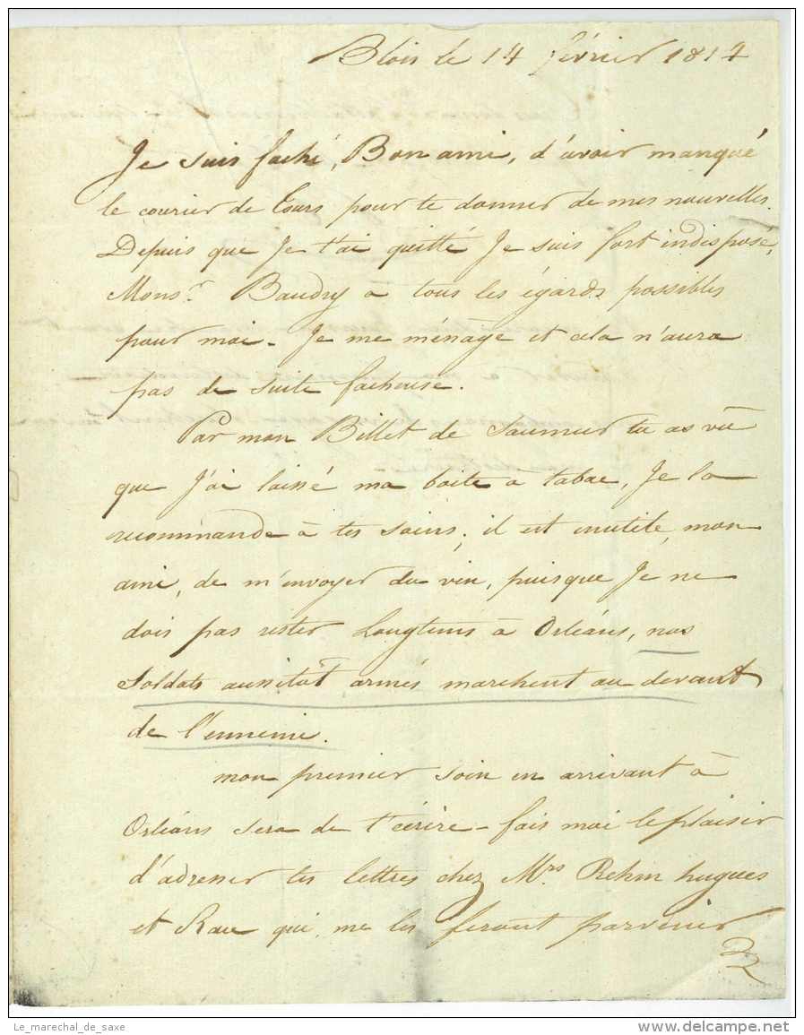 1814 Campagne De France Lettre D'un Soldat Marchant à L'ennemi BLOIS ORLEANS SAUMUR Garreau - Manuscrits