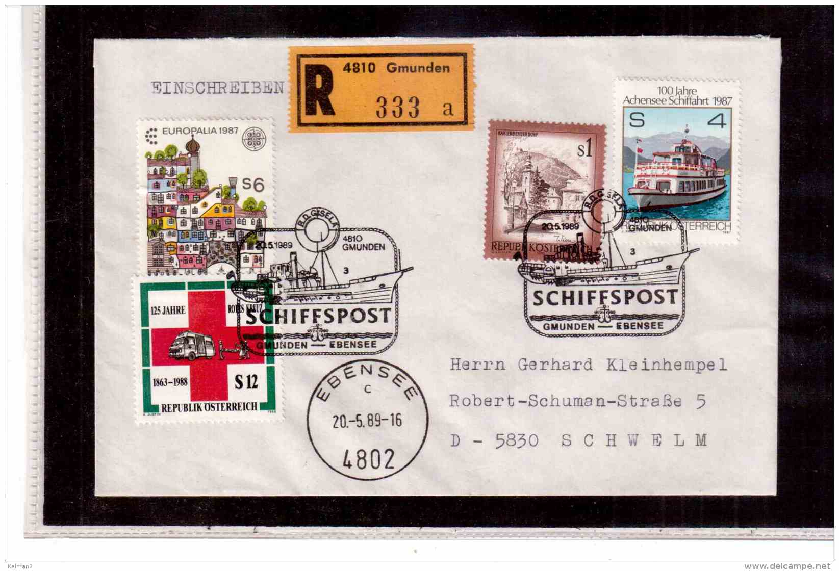 TEM9102   -   GMUNDEN 20.5.89   /   REGISTERED COVER WITH INTERESTING POSTAGE -  SCHIFFSPOST GMUNDEN-EBENSEE - Post