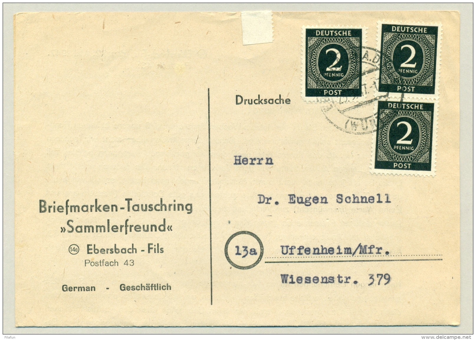 Alliierte Besetzung - 1947 - 3 X 2Pf On Complete Drucksache From Ebersbach To Uffenheim - Andere & Zonder Classificatie