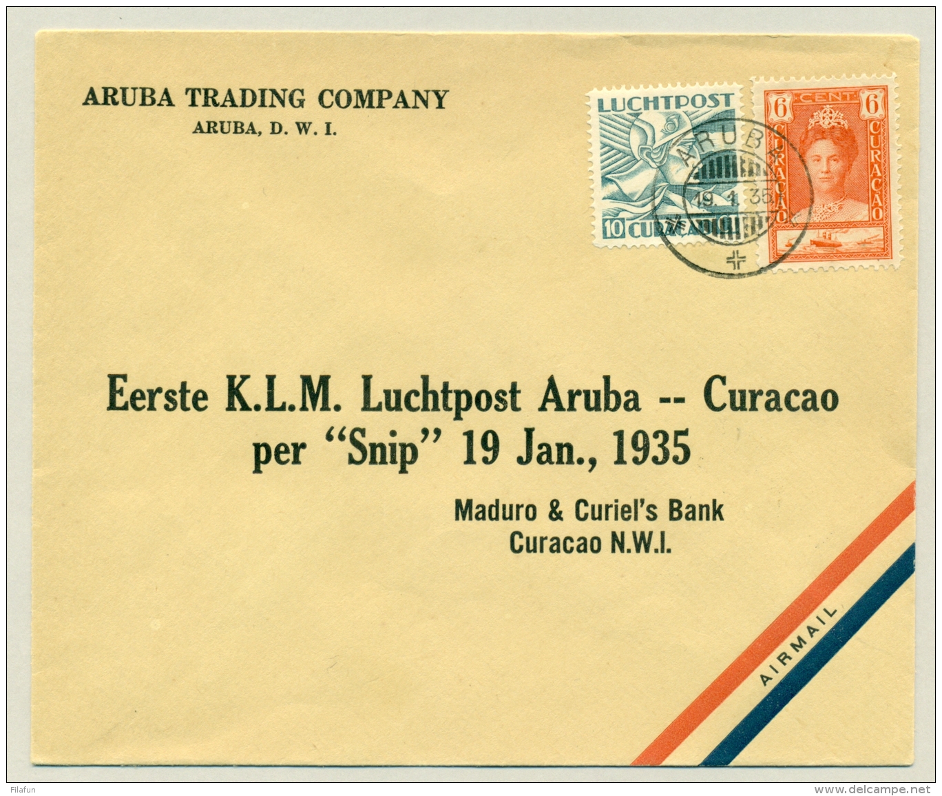 Curacao - 1935 - Eerste KLM-vlucht Van Aruba Naar Willemstad - Per Snip - Curazao, Antillas Holandesas, Aruba