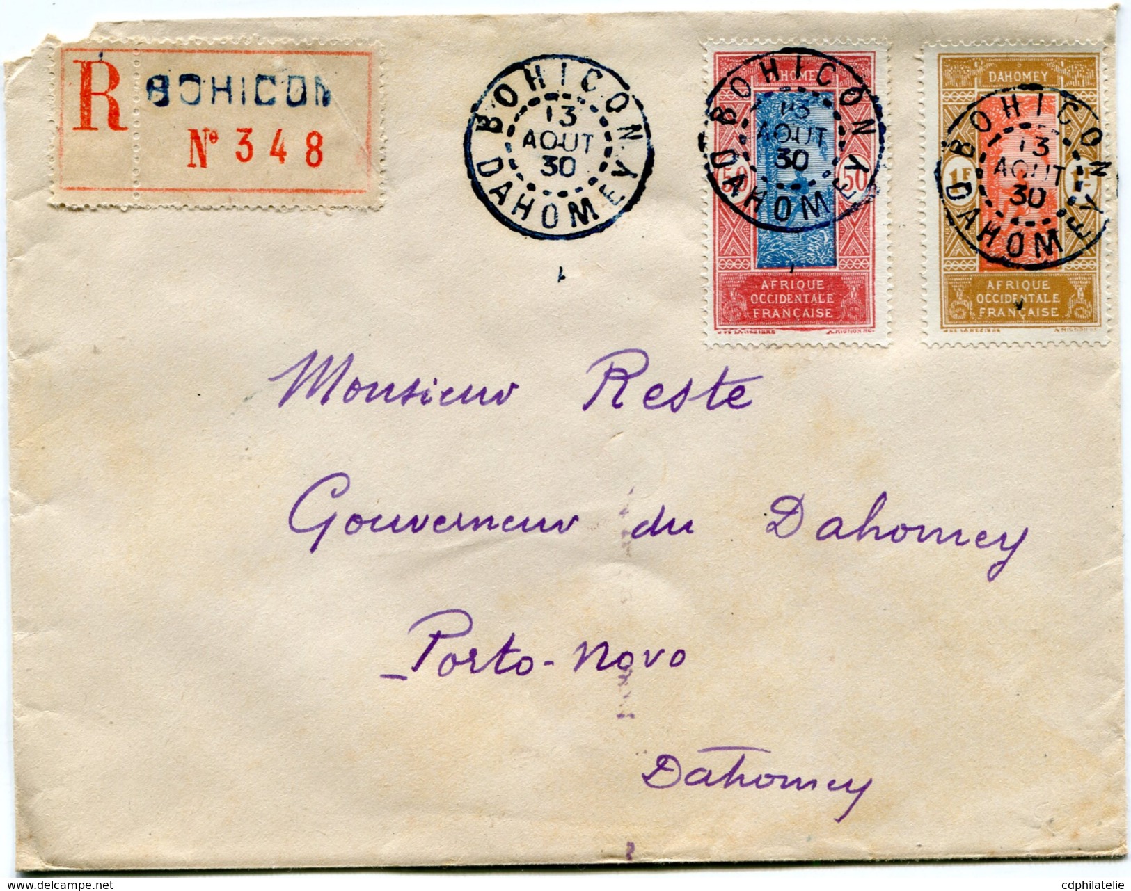 DAHOMEY LETTRE RECOMMANDEE DEPART BOHICON 13 AOUT 30 DAHOMEY POUR LE DAHOMEY - Lettres & Documents