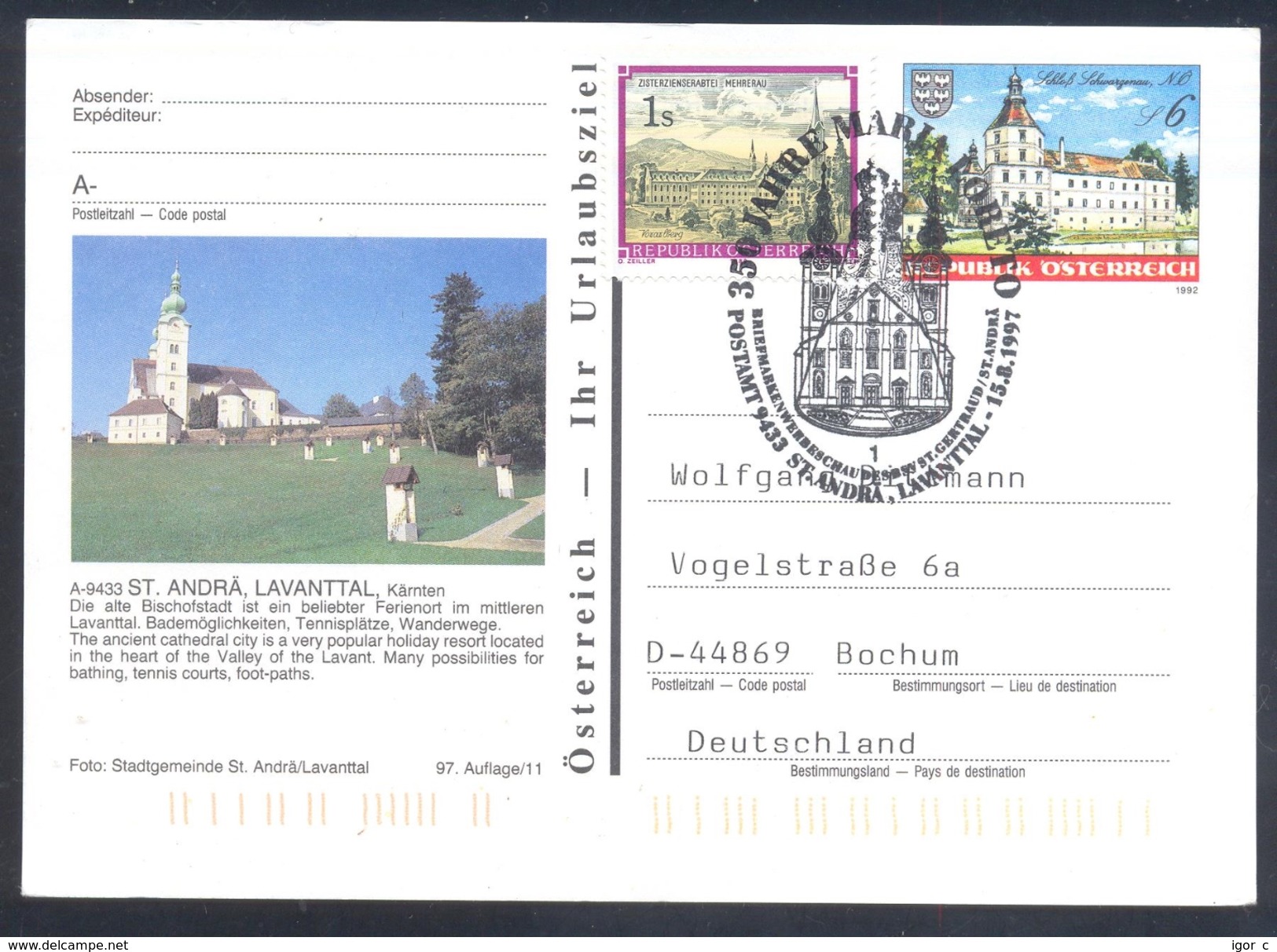 Austria 1997 Postal Stationery Card St. Andrä Architecture Castle Schloss Bats; Ancient Cathedral Church Kirche Folded - Castles