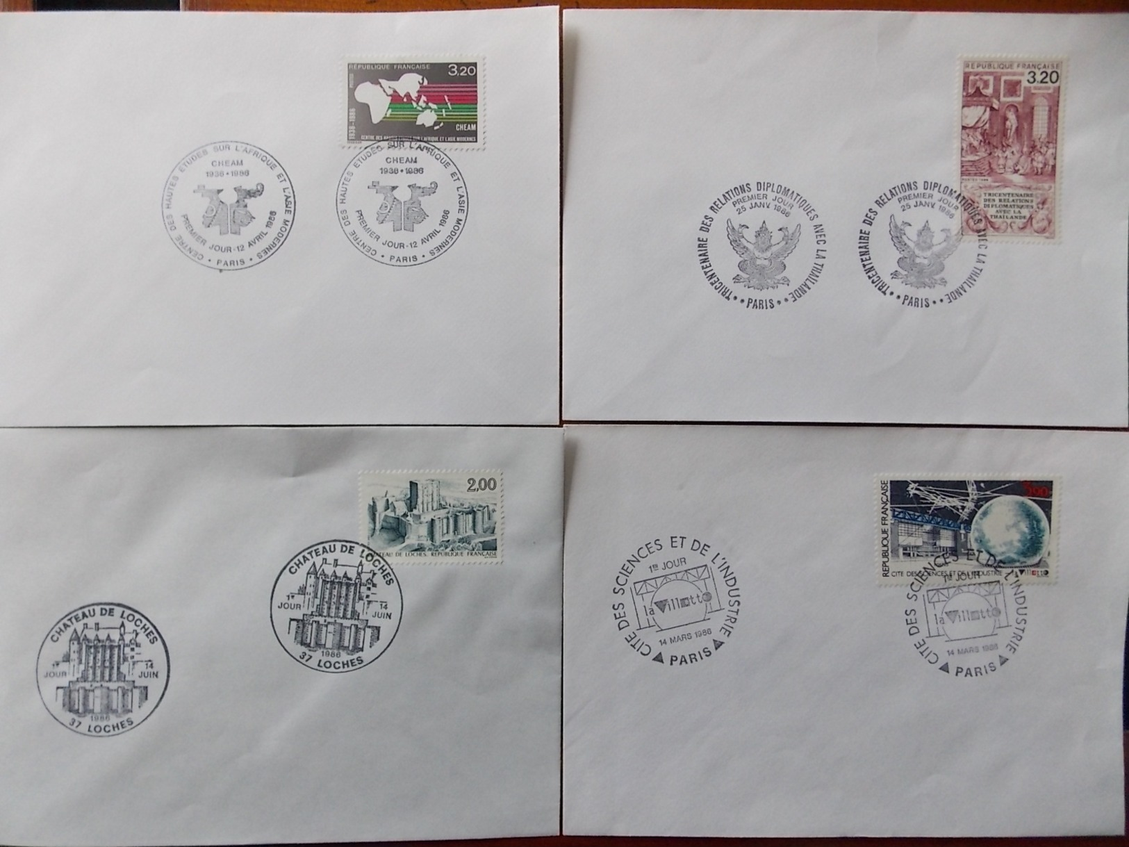 1986 France 4 Enveloppes Timbres Y&T N° 2393 - 2402 - 2409 - 2412.  Oblitérations Premier  Jour - Used Stamps