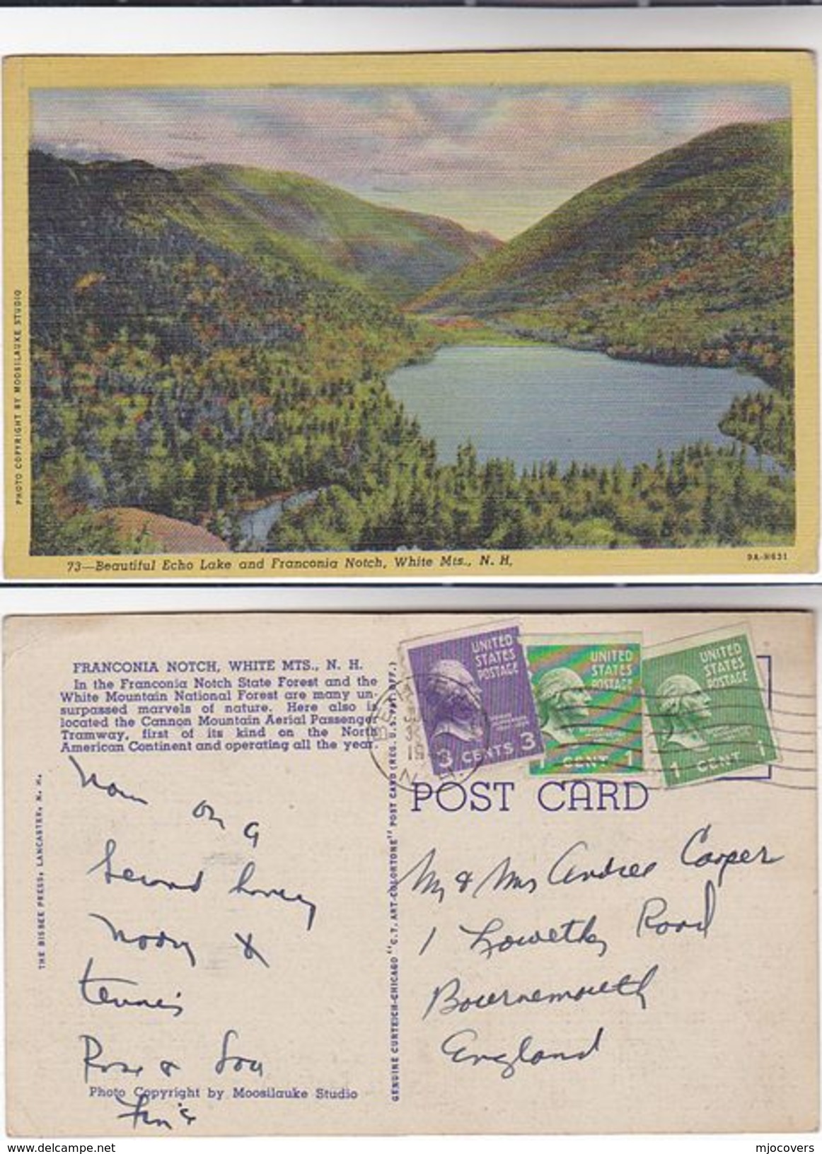 1948 USA Postcard ECHO LAKE FRANCONIA NOTCH  WHITE MOUNTAINS Mountain New Hampshire Stamps Cover Pmk Bethleham - White Mountains