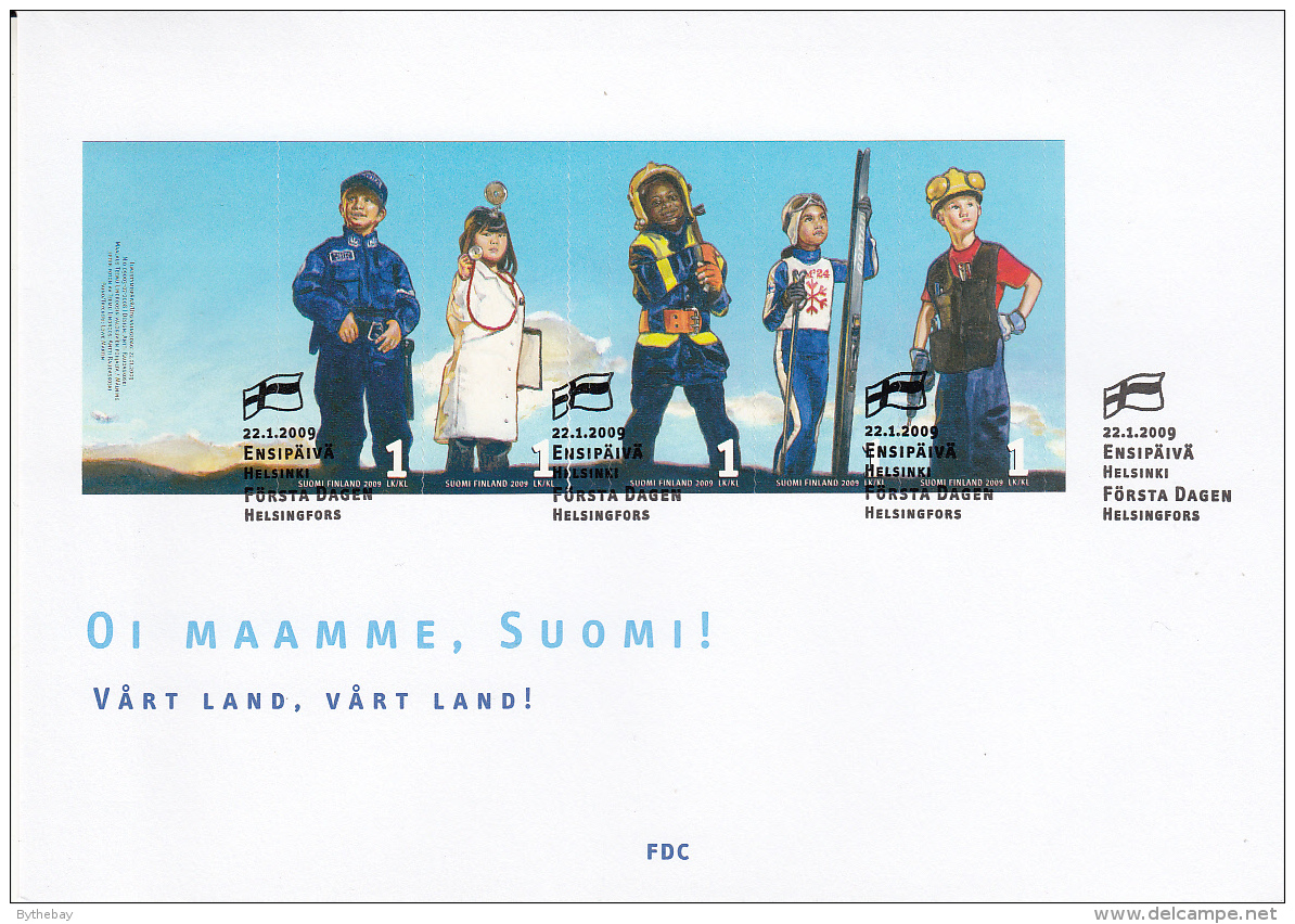 Finland FDC 2009 #1329 Booklet Pane Of 5 Childrens Dream Jobs: Mail, Doctor, Fire, Athlete, Construction - FDC