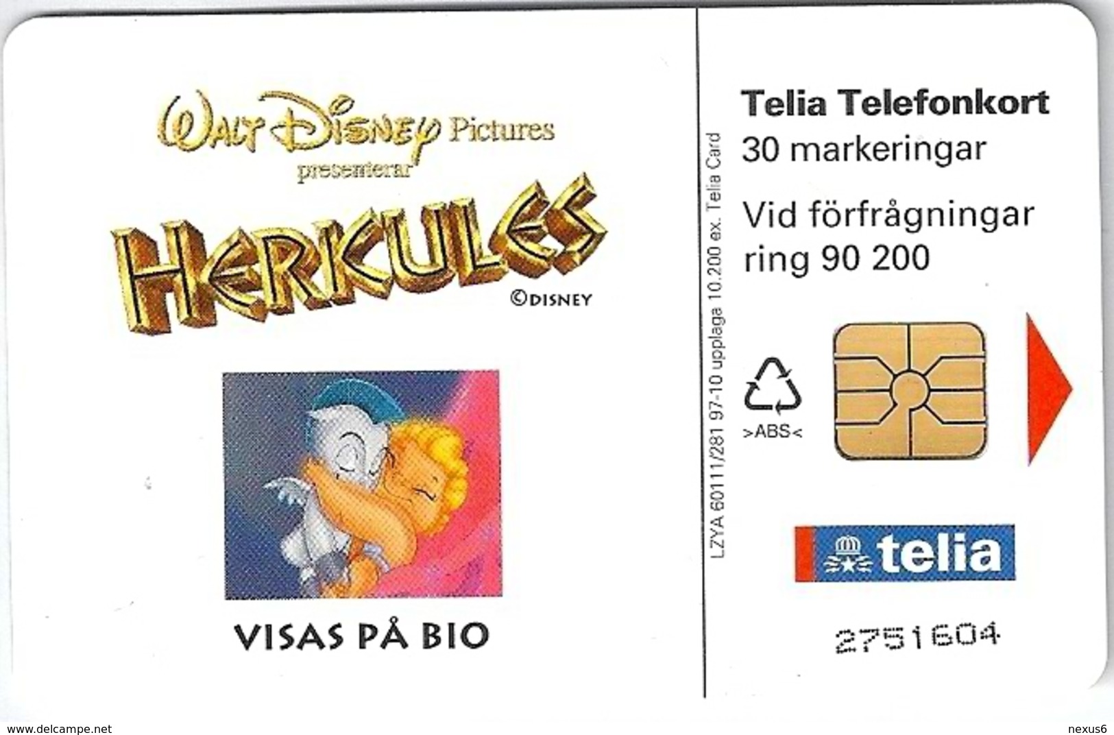 Sweden - Telia - Disney Herkules - 10.1997, 10.200ex, Used - Sweden