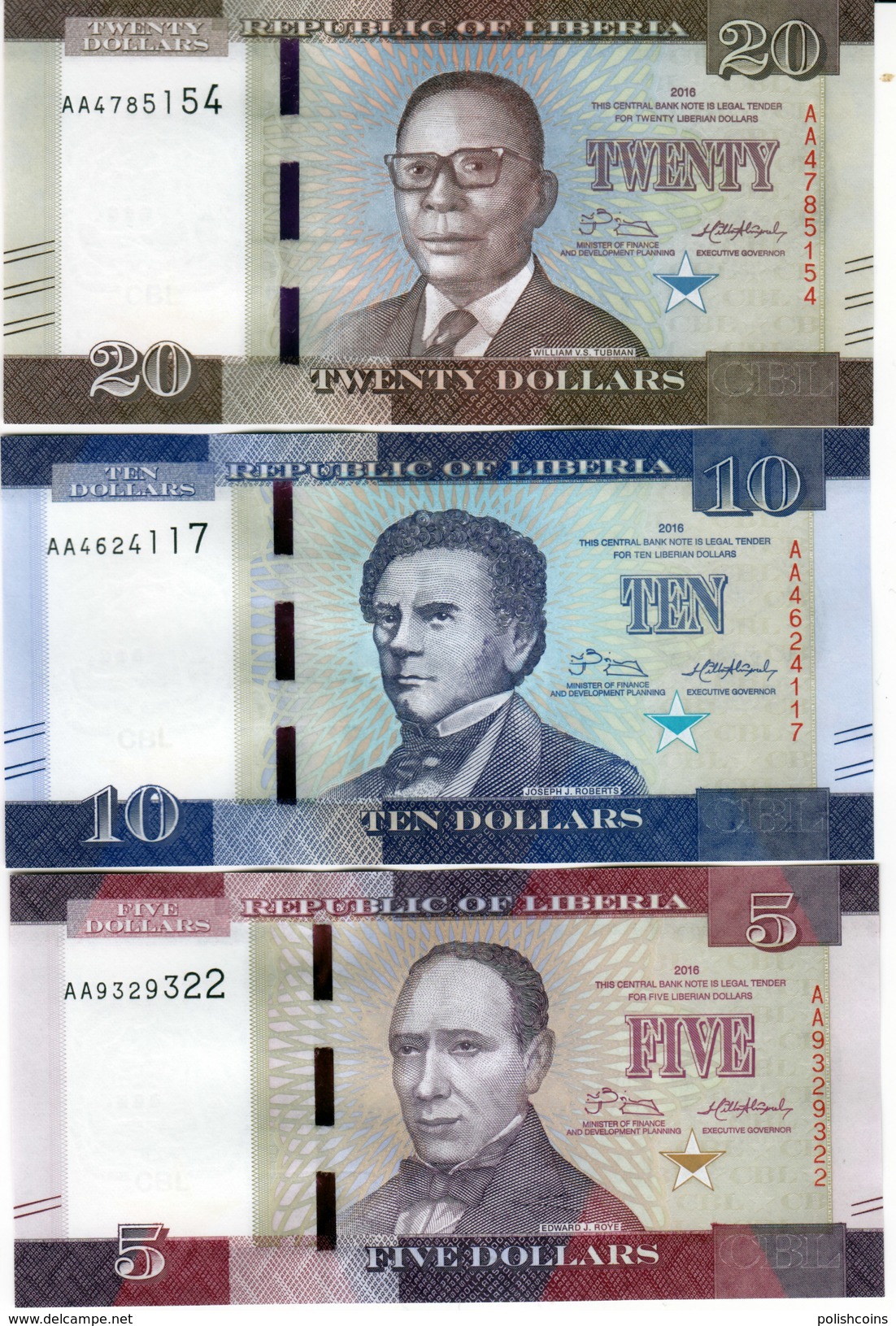 LIBERIA 2016 Banknotes 6 Set 5 10 20 50 100 500 Dollars $ UNC Perfect - Liberia