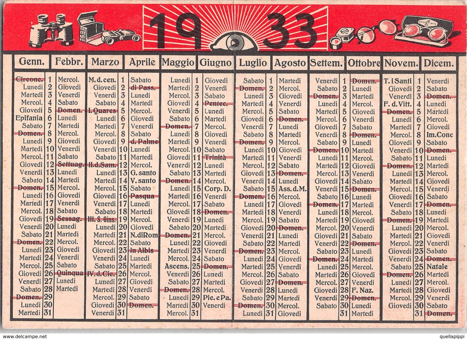 05604 "CALENDARIO 1933 - NOCERA INFERIORE - CARLO CASO OTTICA FOTOGRAFIA - PUBBLICITA' ZEISS" ORIGINALE. - Formato Piccolo : 1921-40