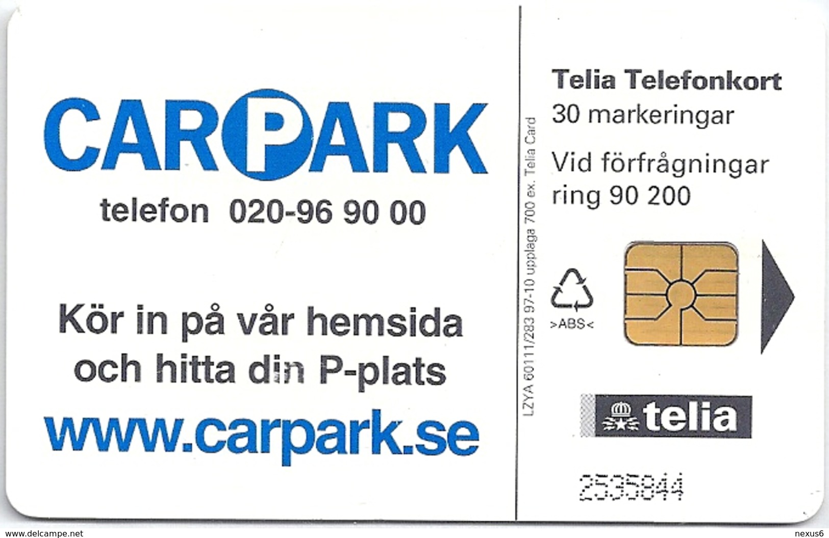 Sweden - Telia - Carpark - 30U, 10.1997, 700ex, Used - Schweden