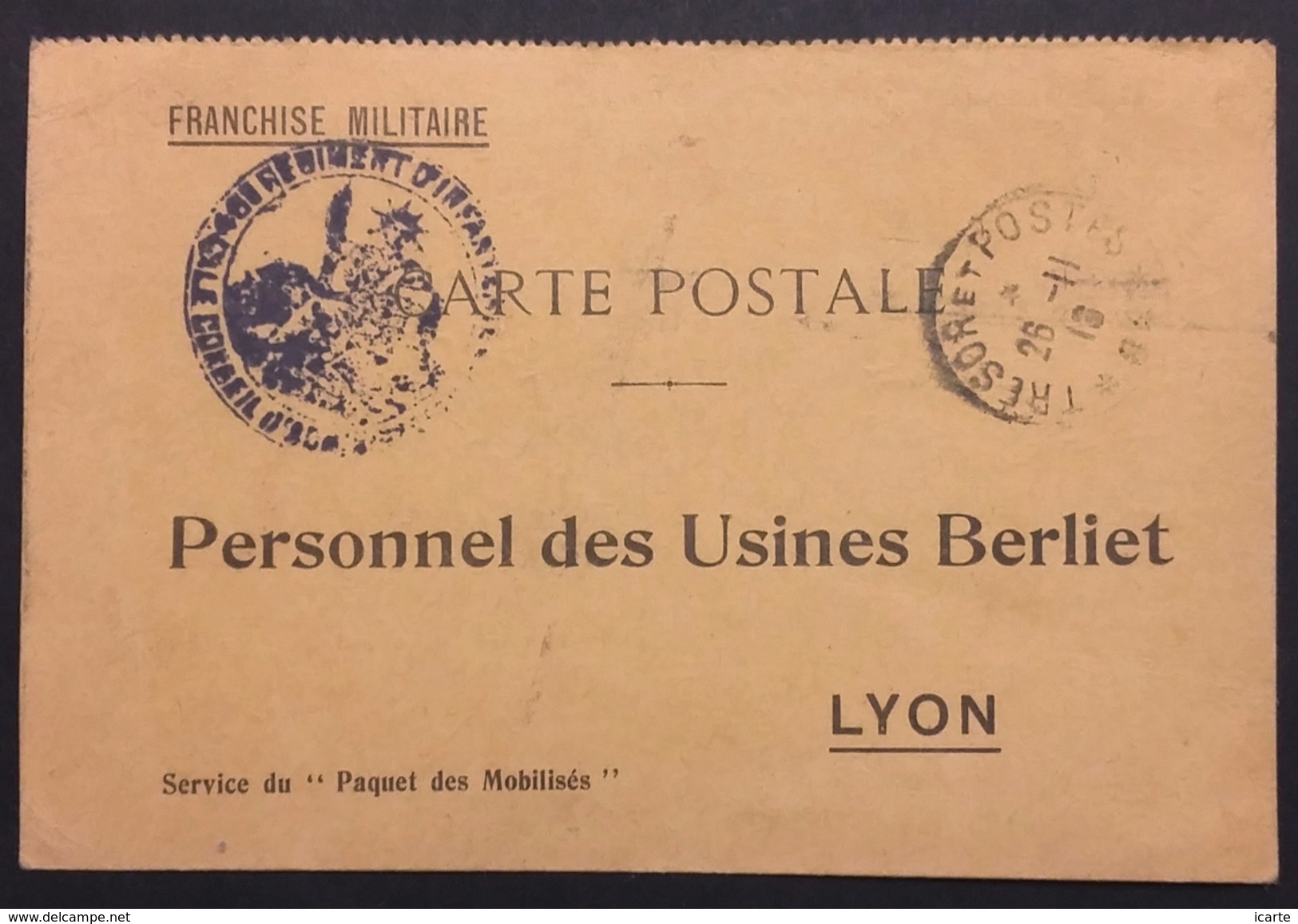 Carte De Franchise Militaire USINES BERLIET Accusé Réception COLIS 346e Infanterie Nov 1916 - Lettres & Documents