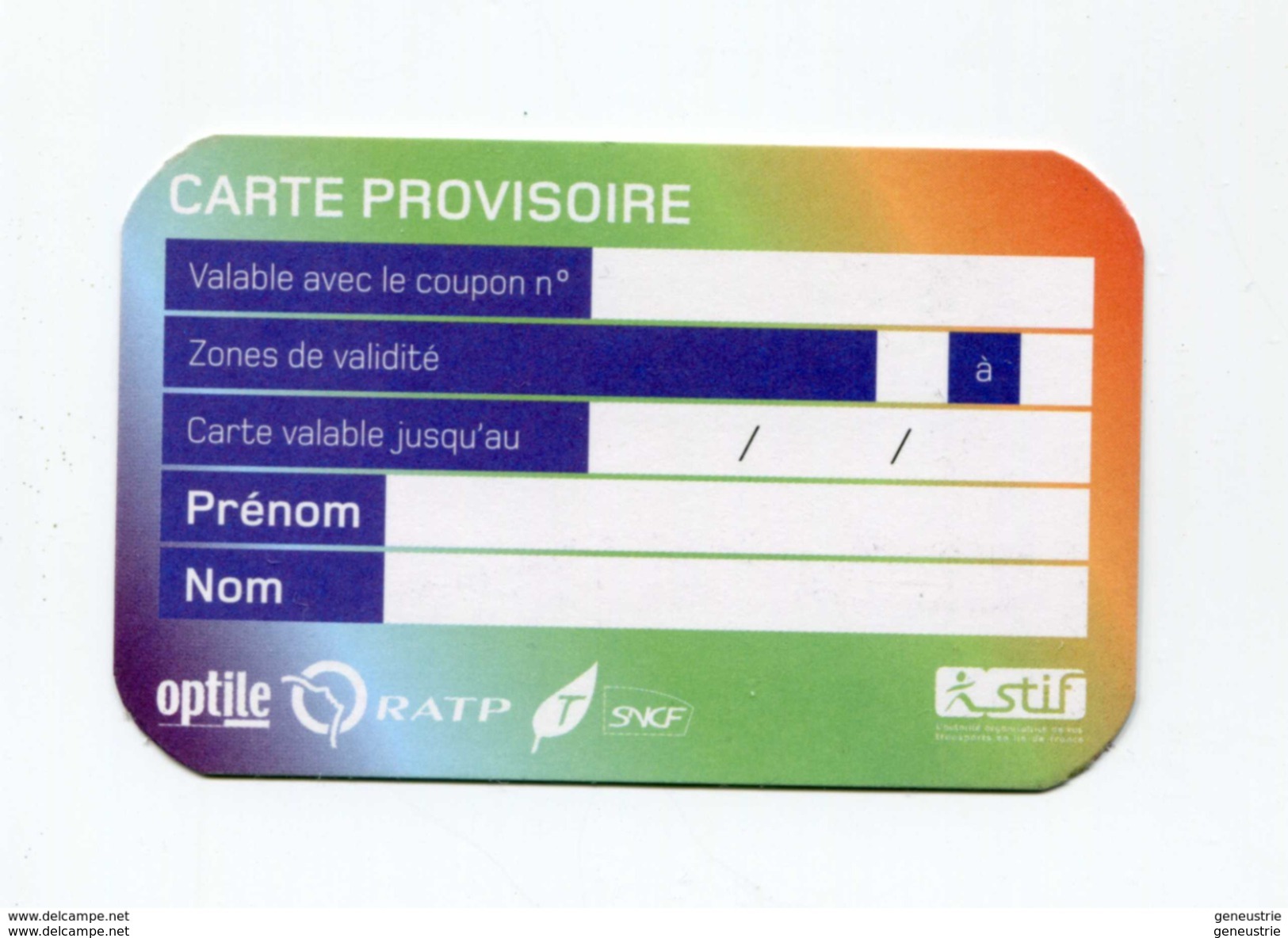 Carte Provisoire Vierge Type 2  SNCF / RATP Délivrée En Cas De Déterioration Du Titre Principal - Ticket RER Métro Paris - Europe