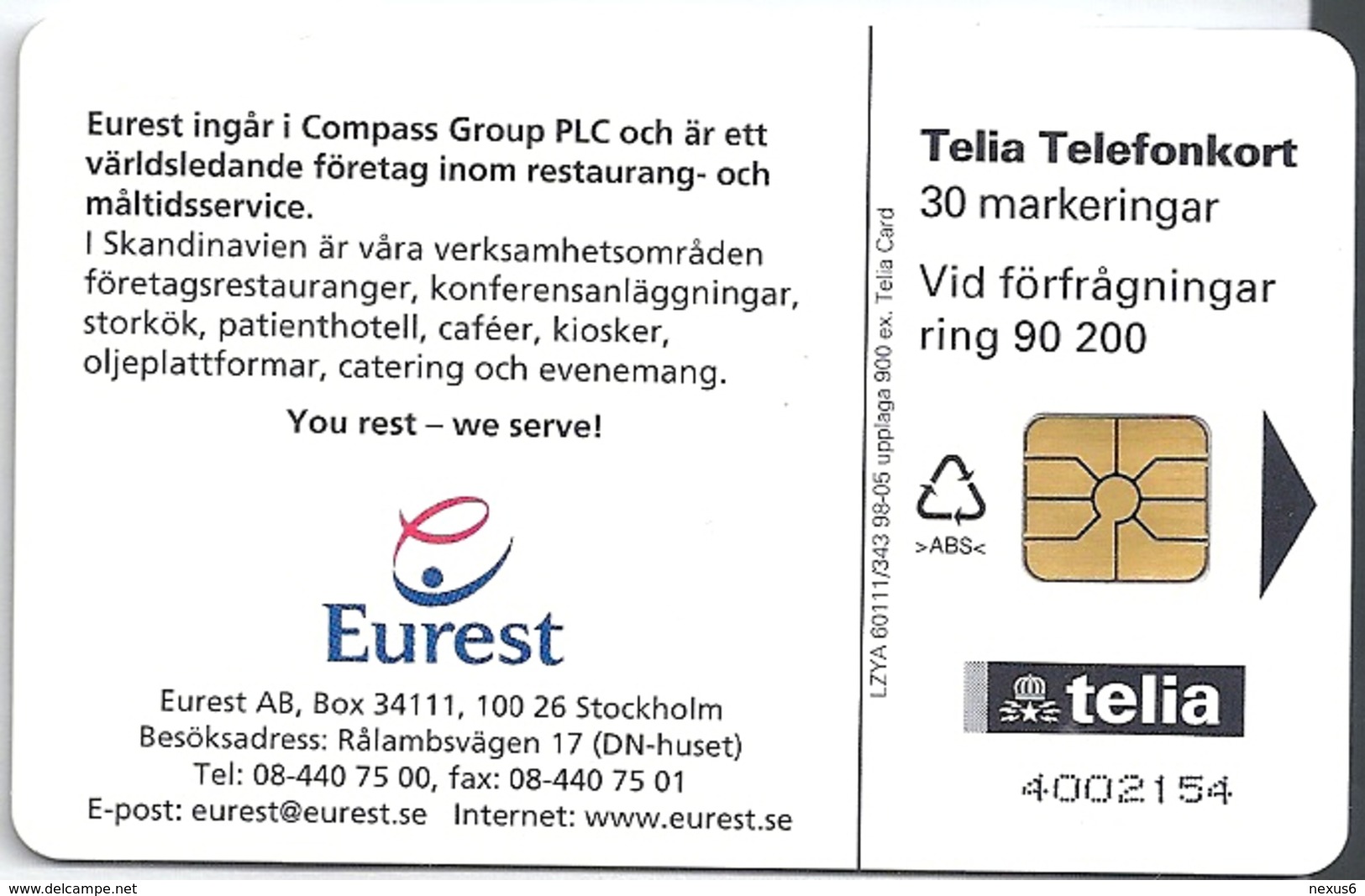 Sweden - Telia - Eurest - 05.1998, 900ex, Used - Schweden