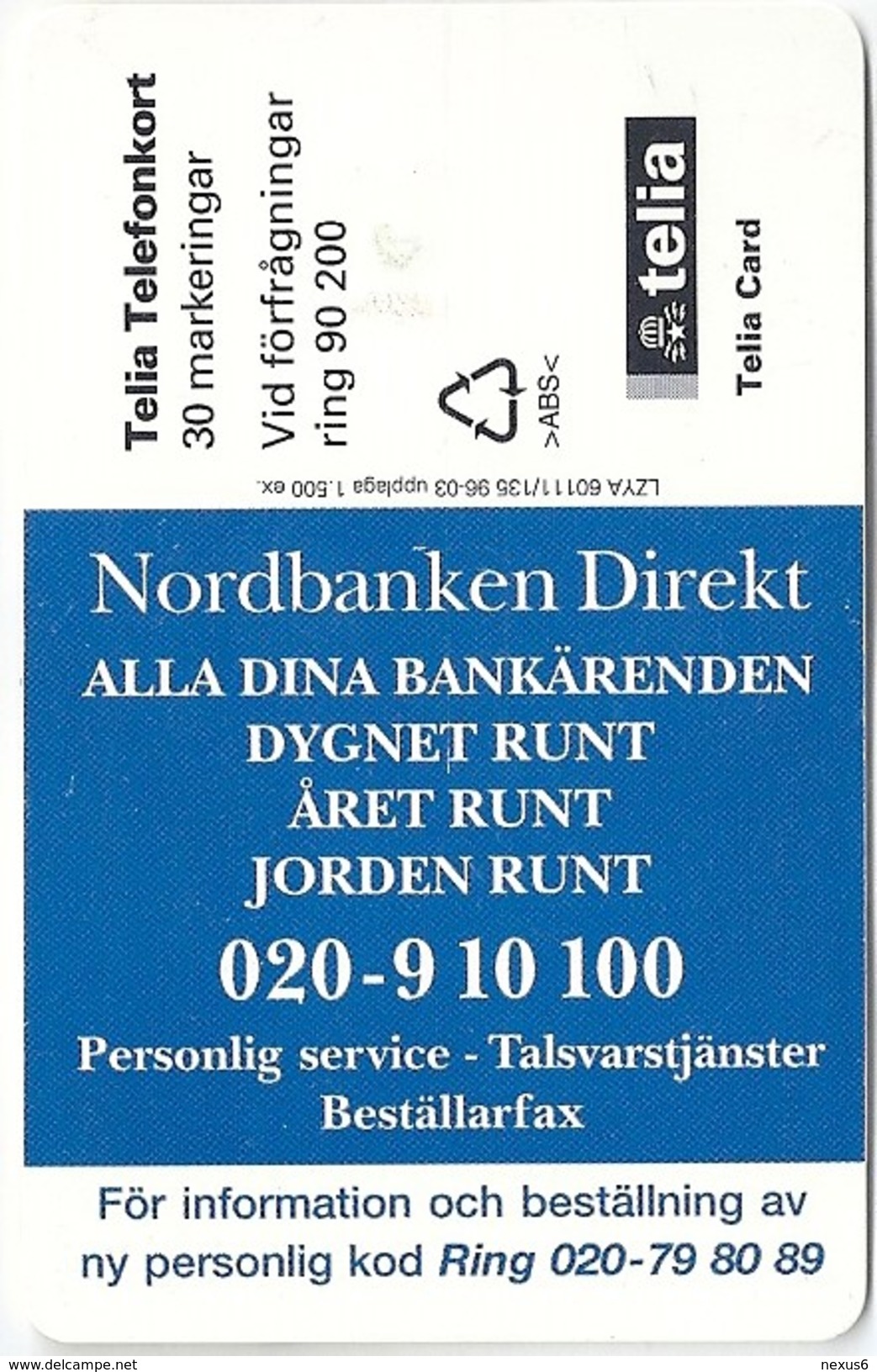 Sweden - Telia - Nordbanken Direkt - 03.1996, 1.500ex, Used - Schweden