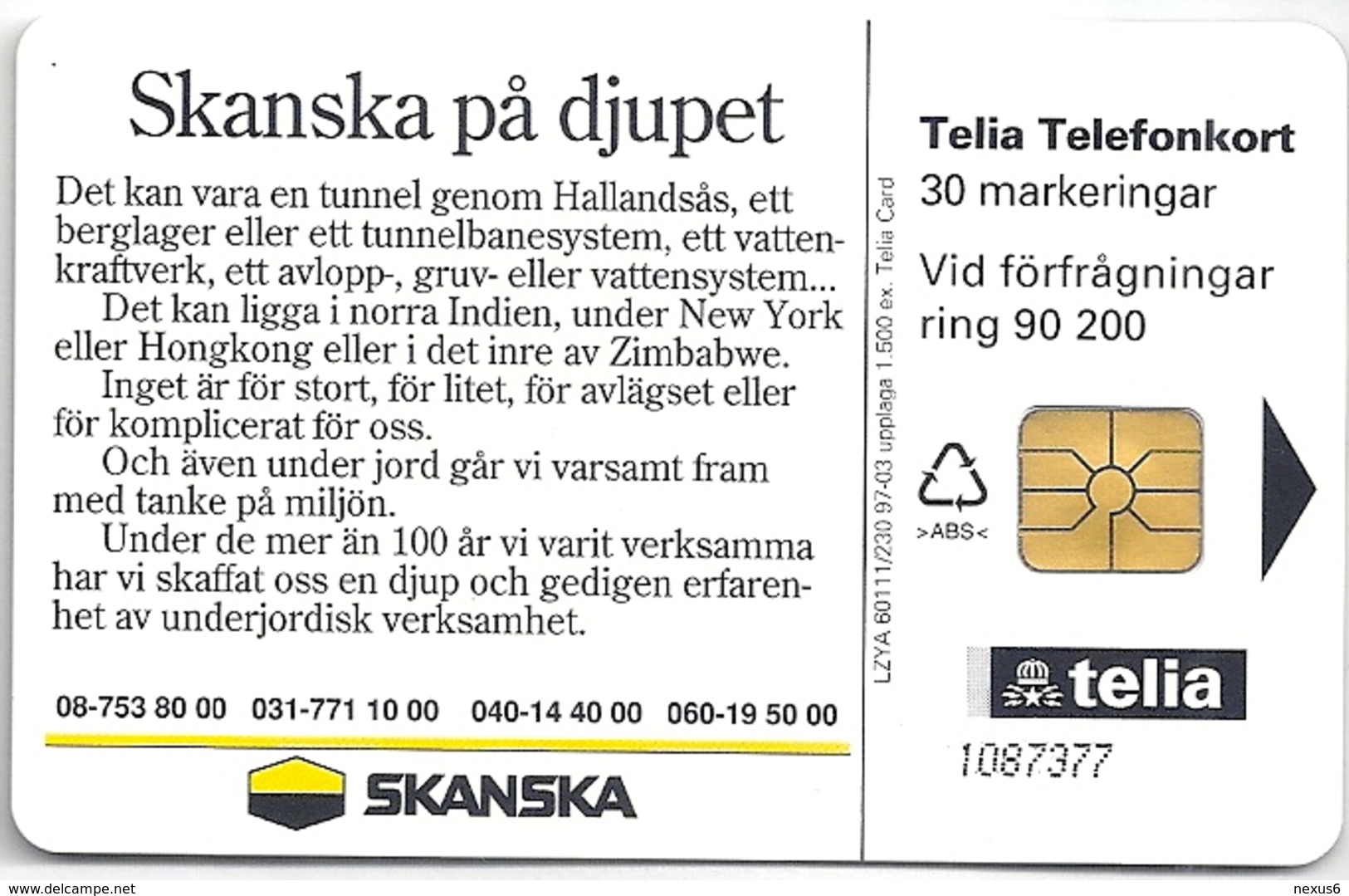 Sweden - Telia - Skanska Pa Djupet - 03.1997, 1.500ex, Used - Schweden