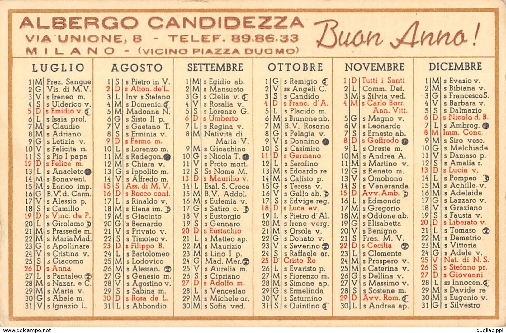 05609 "CALENDARIO ANNO 1953 - ALBERGO CANDIDEZZA - VIA UNIONE, 8 - MILANO - BUON ANNO" ORIGINALE. - Formato Piccolo : 1941-60