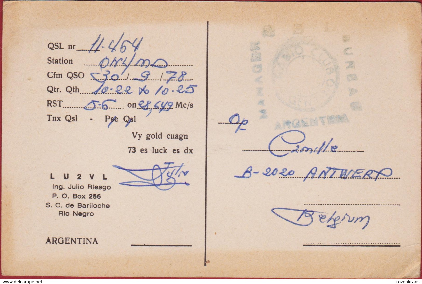 QSL Card Amateur Radio Funkkarte QTH Argentina Rio Negro Argentine 1978 - Amateurfunk