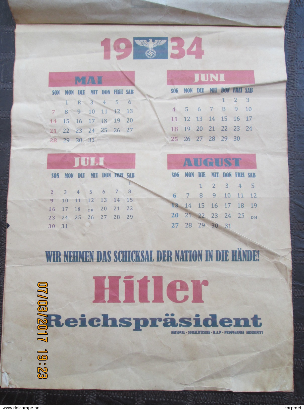 HITLER PRESIDENT -1934 CALENDAR From GOEBBELS National Socialist Propaganda - D.A.P. Berlin- Complete 34 X 21 Cm - Rare - Tamaño Grande : 1921-40