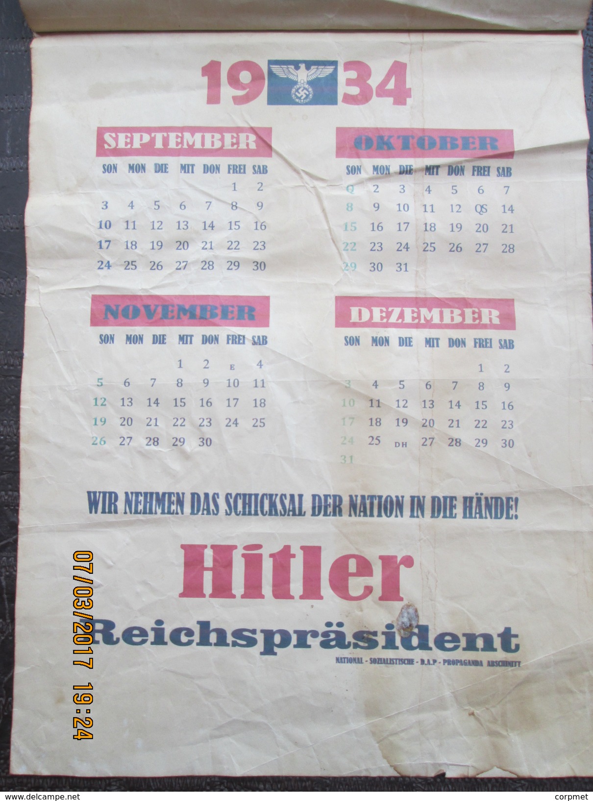 HITLER PRESIDENT -1934 CALENDAR From GOEBBELS National Socialist Propaganda - D.A.P. Berlin- Complete 34 X 21 Cm - Rare - Tamaño Grande : 1921-40