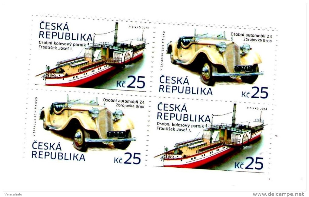 Year 2014 - Historicar Car From Company Zbrojovka Brno And Paddle -  Steamer, Four-blocks (2x2 Stamps), MNH - Neufs