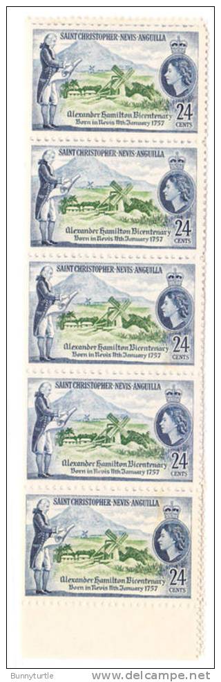 St Kitts-Nevis 1957 Alexander Hamilton Blk Of 5 MNH - St.Christopher-Nevis-Anguilla (...-1980)