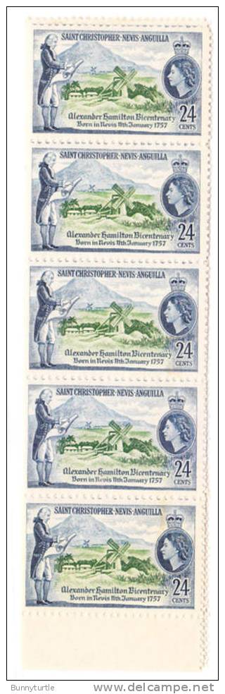 St Kitts-Nevis 1957 Alexander Hamilton Blk Of 5 MNH - St.Christopher-Nevis & Anguilla (...-1980)