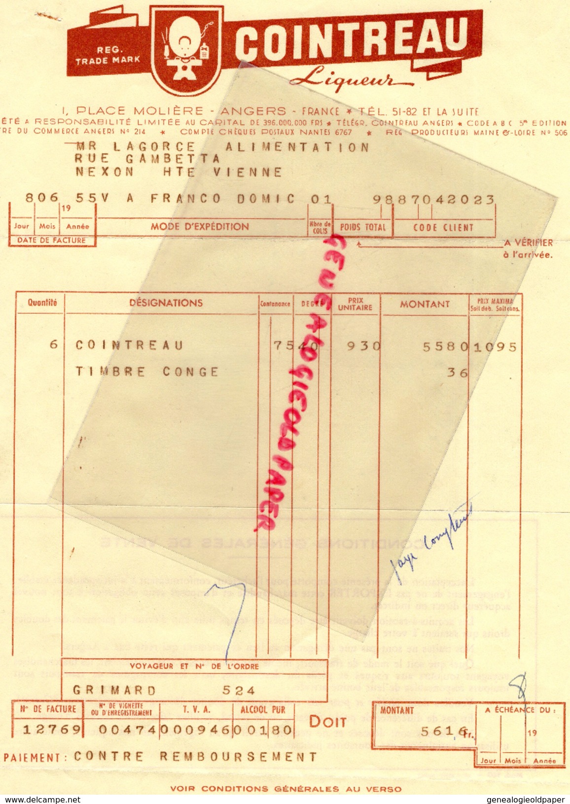 49 - ANGERS- FACTURE COINTREAU LIQUEUR- 1 PLACE MOLIERE- COINTREAU - - 1900 – 1949