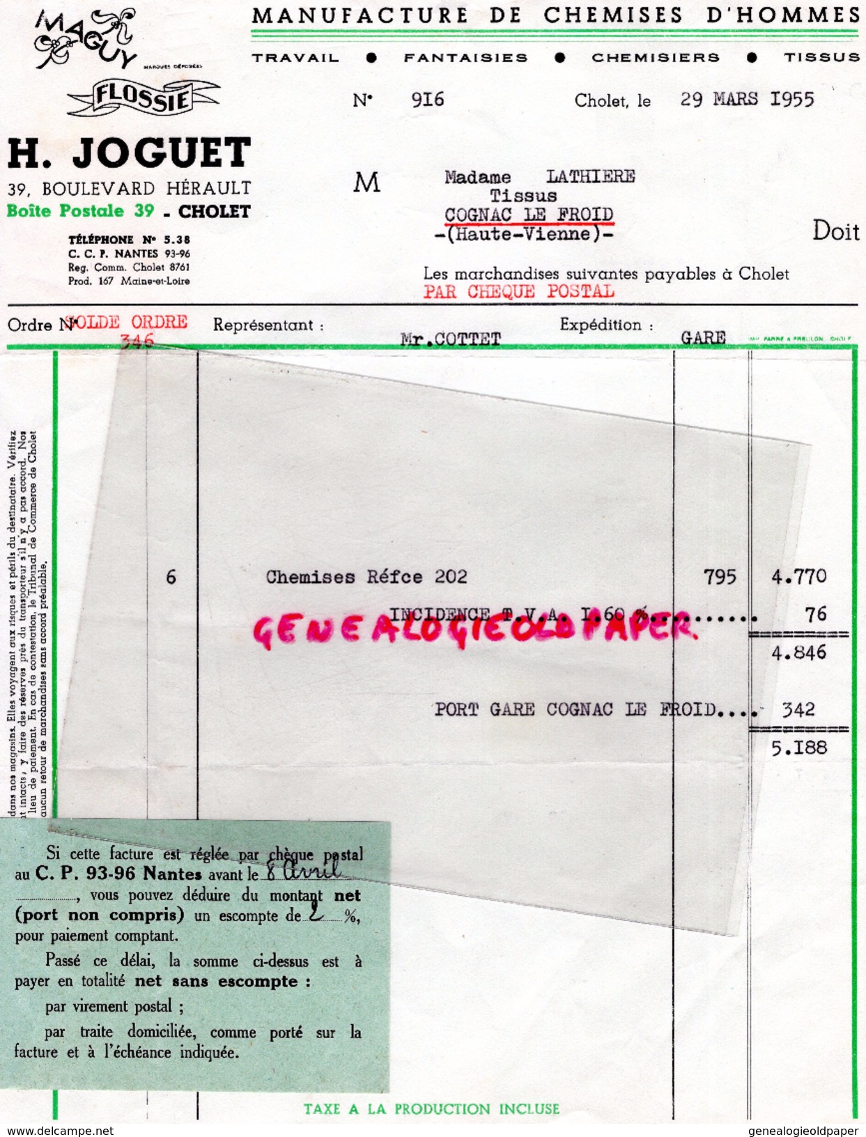 49 - ANGERS-FACTURE H. JOGUET - MANUFACTURE CHEMISES D' HOMMES- MAGUY-FLOSSIE- 39 BD.HERAULT- 1955 - 1950 - ...