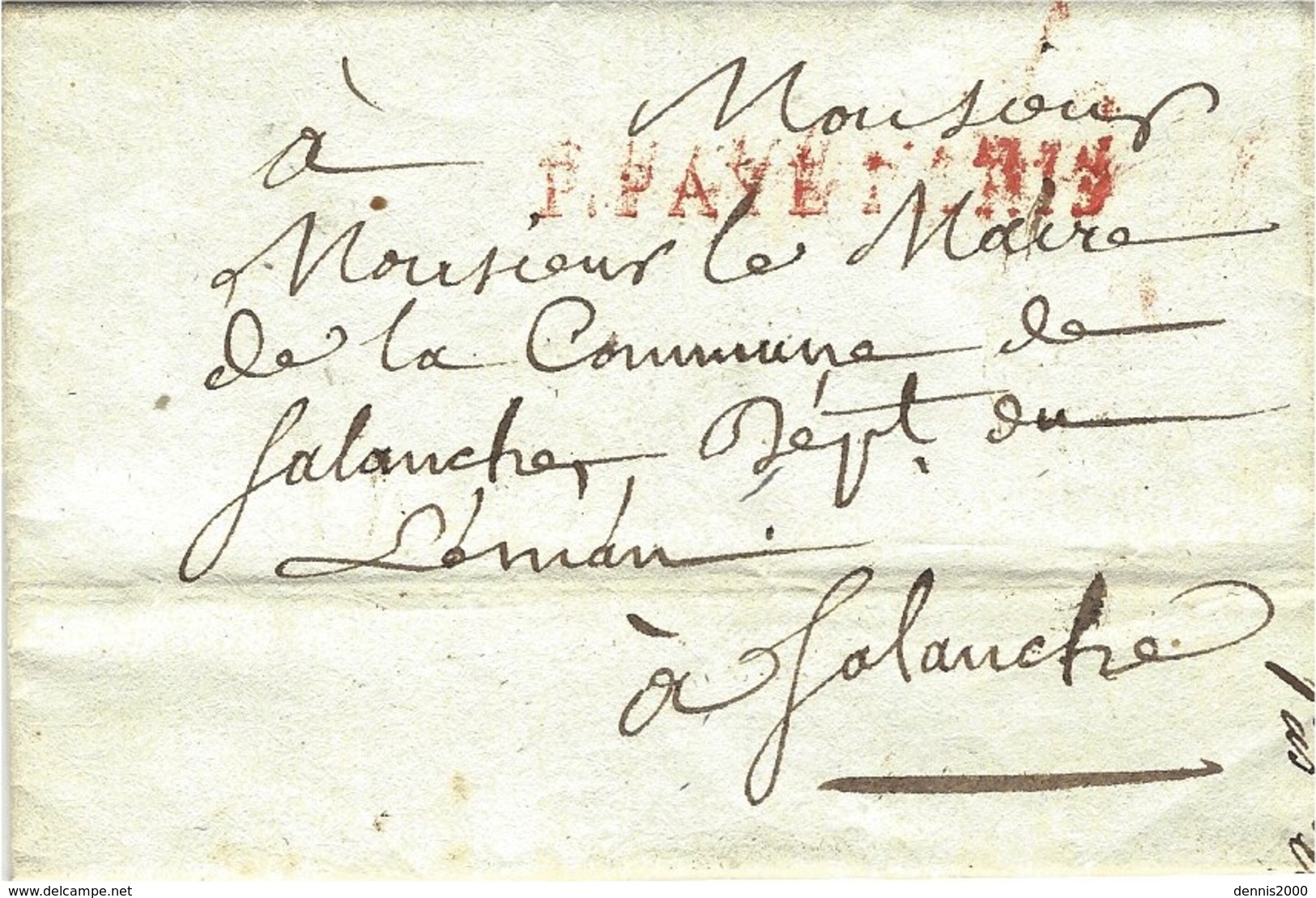 1811- Lettre En P.PAYE PARIS  Pour Salanche  , Département Du Léman - 1792-1815: Conquered Departments