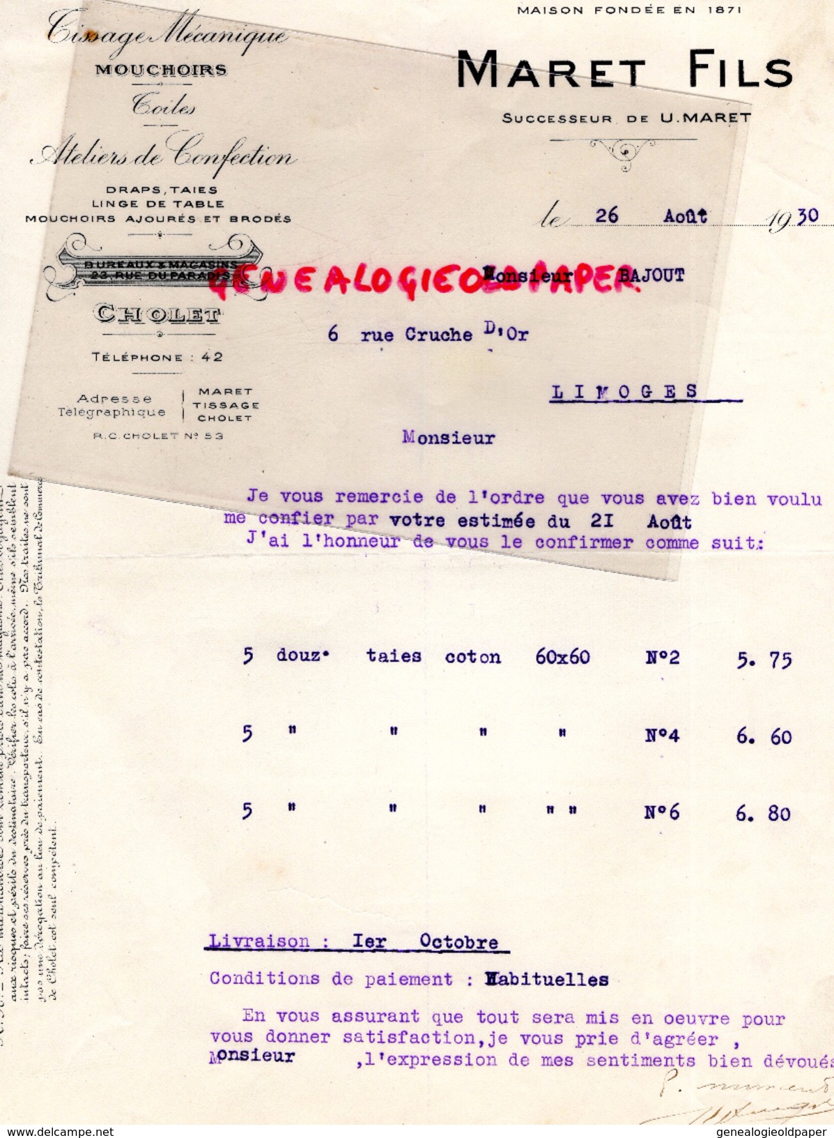 49 - CHOLET - FACTURE MARET FILS-TISSAGE MECANIQUE MOUCHOIRS-MOUCHOIR- 1930 - 1950 - ...
