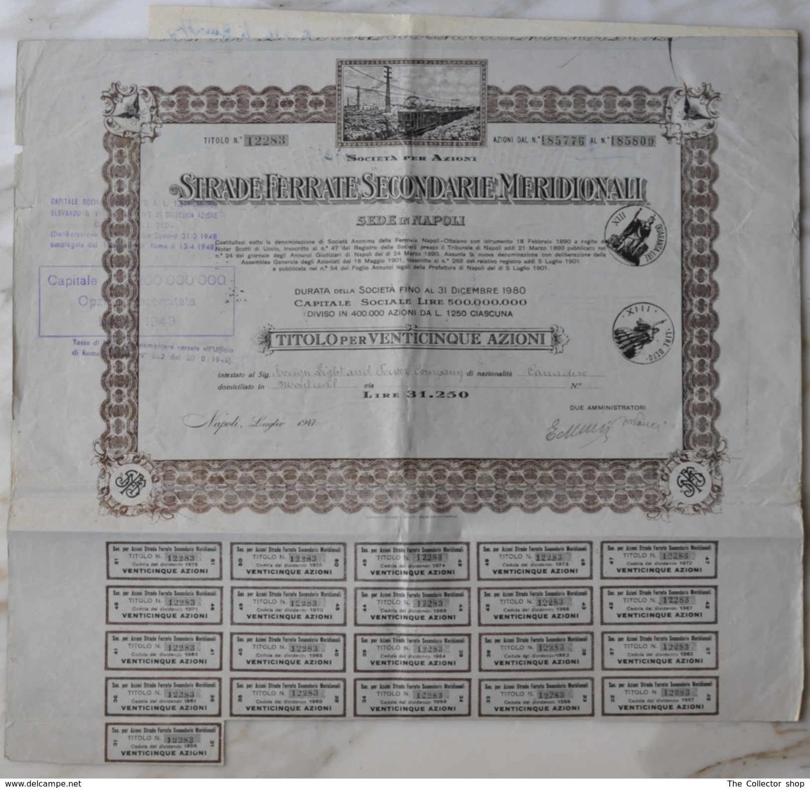 Titolo 25 Azioni "Strade Ferrate Secondarie Meridionali" 1947 - Railway & Tramway