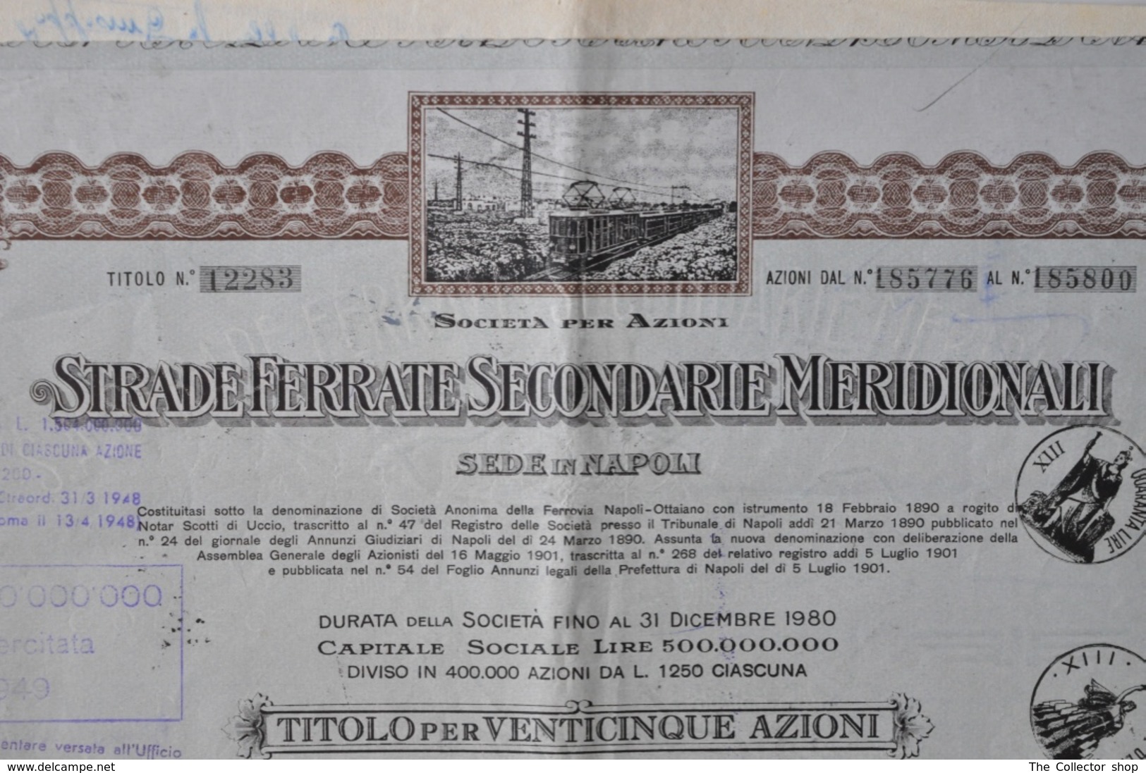 Titolo 25 Azioni "Strade Ferrate Secondarie Meridionali" 1947 - Ferrovie & Tranvie