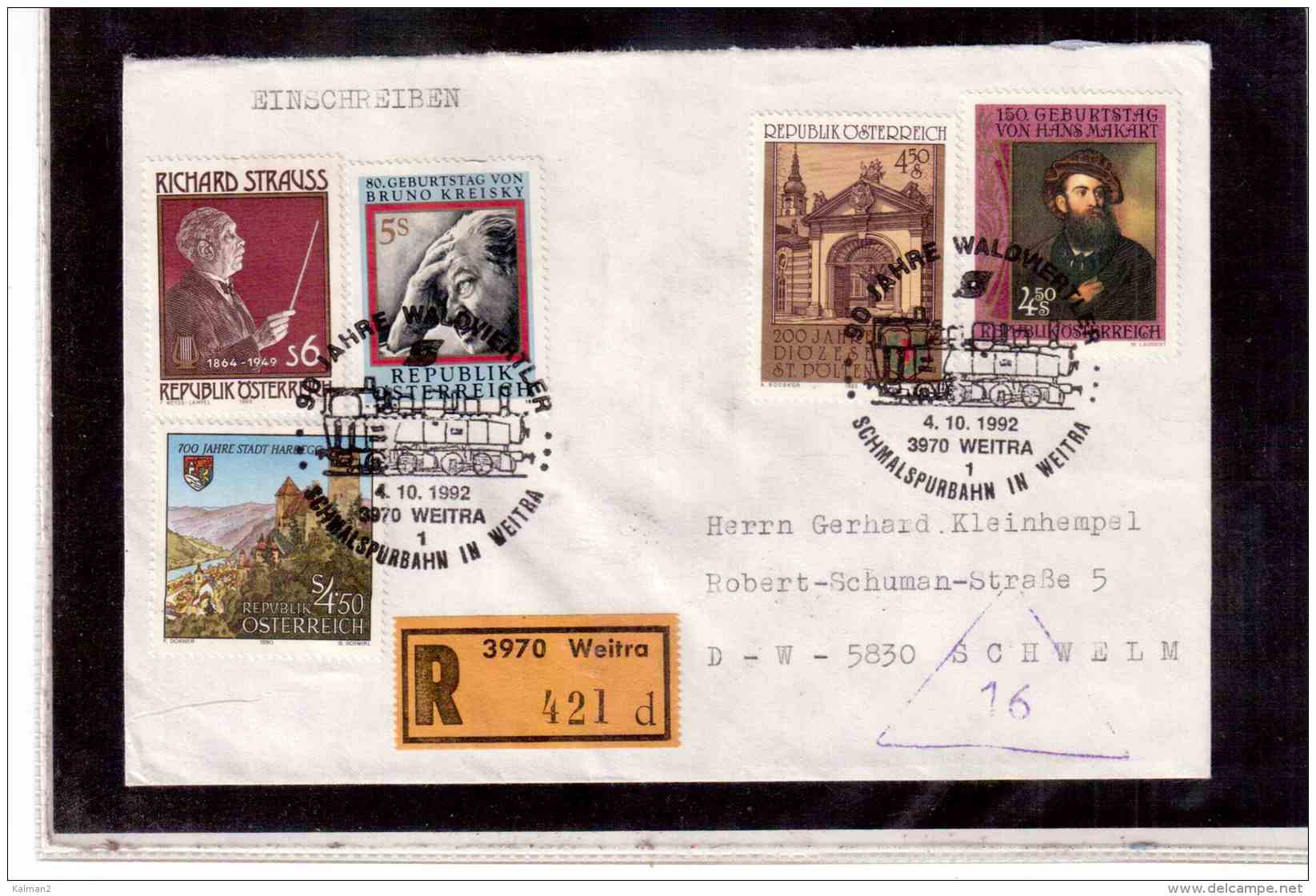 TEM9207   -    WEITRA  4.10.92   /   REGISTERED COVER WITH INTERESTING POSTAGE -  90 JAHRE WALDWERTLER - Eisenbahnen