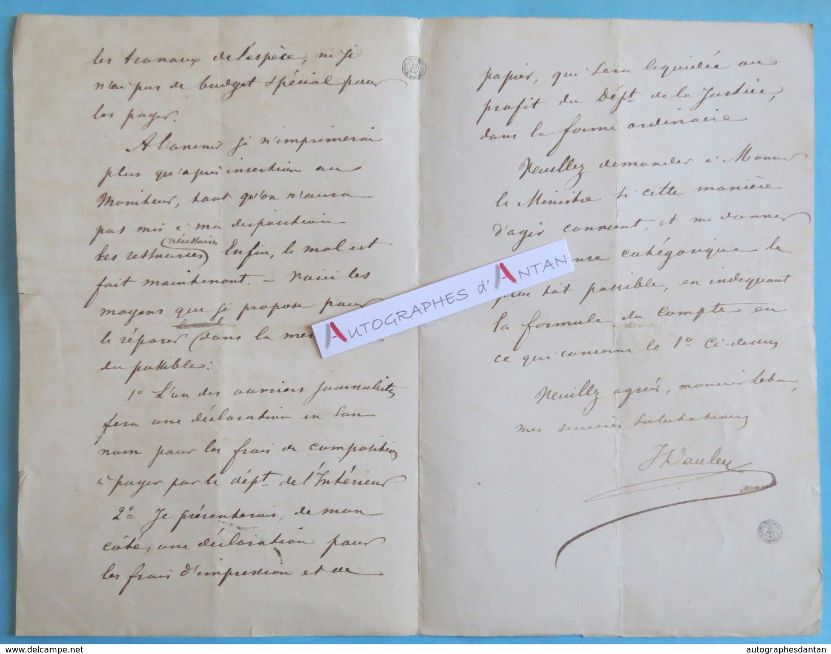 L.A.S 1869 JFJ DAUBY - Régie Du Moniteur Belge - A M. Lebon - Bruxelles Belgique - Lettre Autographe LAS - Autres & Non Classés