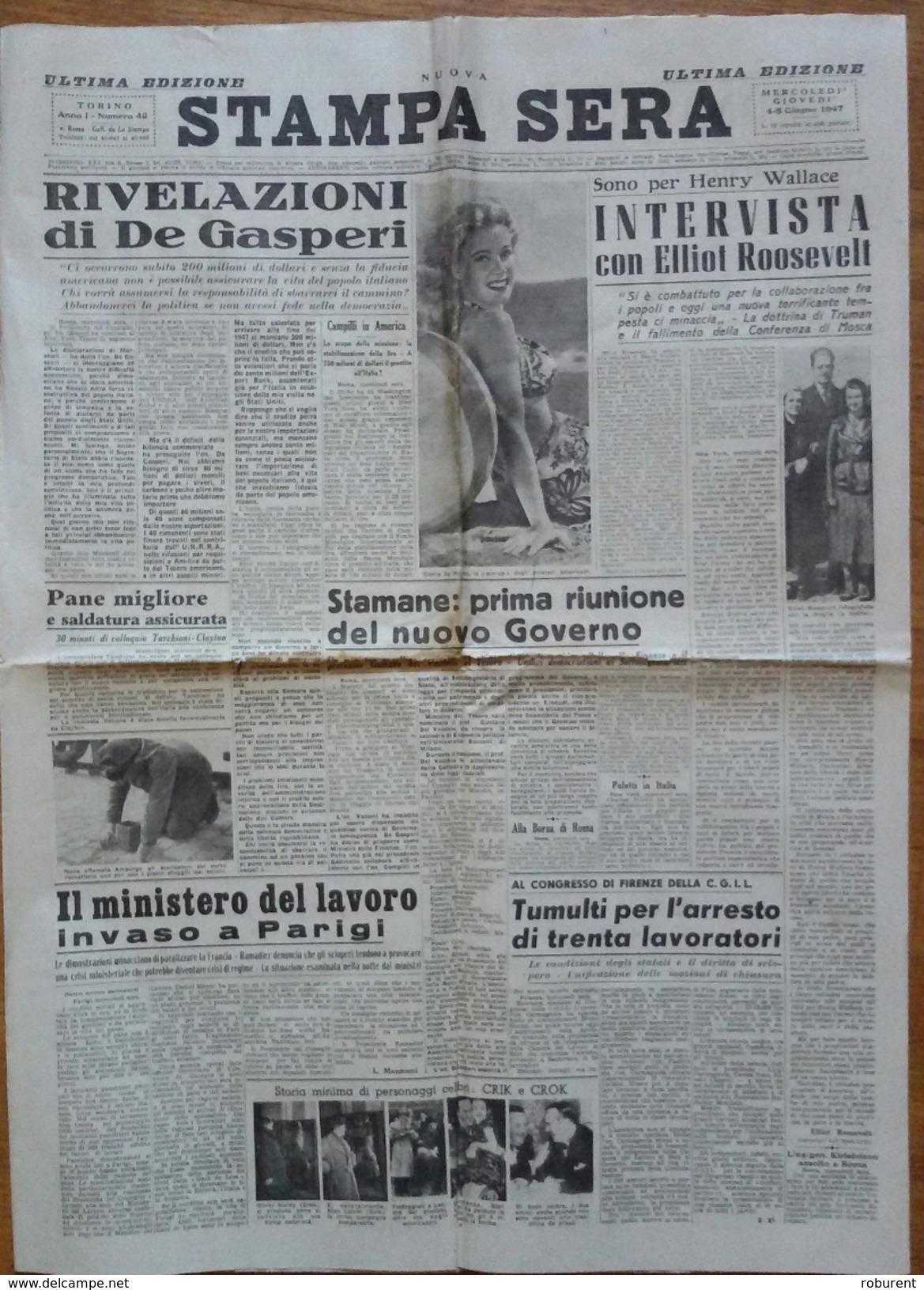 "STAMPA SERA" - 4-5 GIUGNO 1947-RIVELAZIONI DI DE GASPERI - CICLISMO SERVIZIO SULLA TAPPA DI BARI - (4 PAGINE ORIGINALI) - Altri & Non Classificati