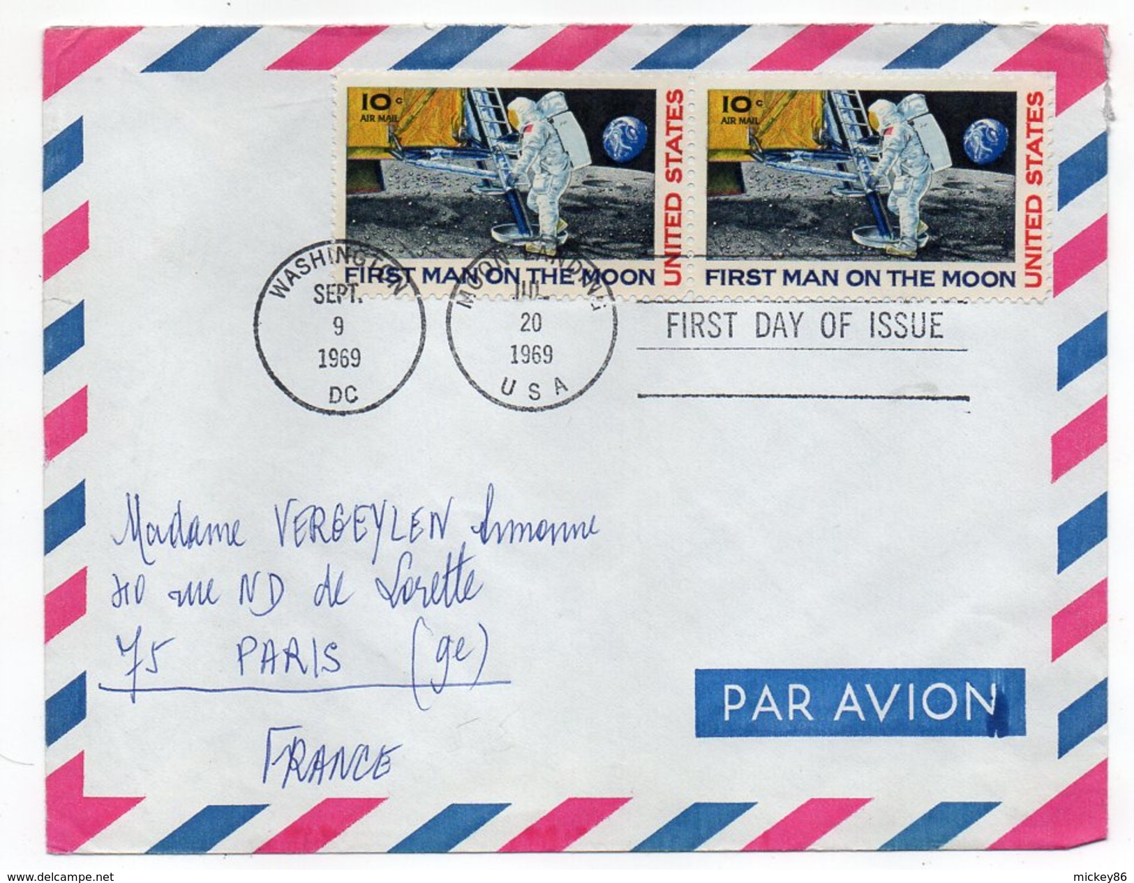 Etats-Unis--paire Horizontale Du Timbre"First Man On The Moon"-cachet First Day Of Issue-WASHINGTON Pour PARIS(France) - Lettres & Documents