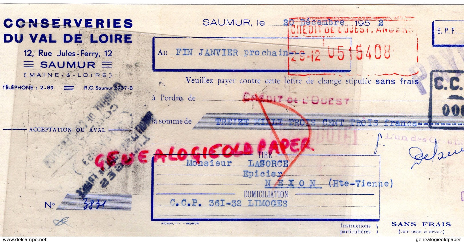 49 -SAUMUR - TRAITE CONSERVES ALIMENTAIRES CHAMPIGNONS DE PARIS- CONSERVERIE VAL DE LOIRE- 1952 - 1950 - ...