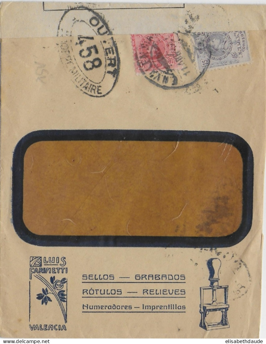 ESPAGNE - 1917 - ENVELOPPE PUB DECOREE De VALENCIA Avec CENSURE FRANCAISE N°458 - Lettres & Documents