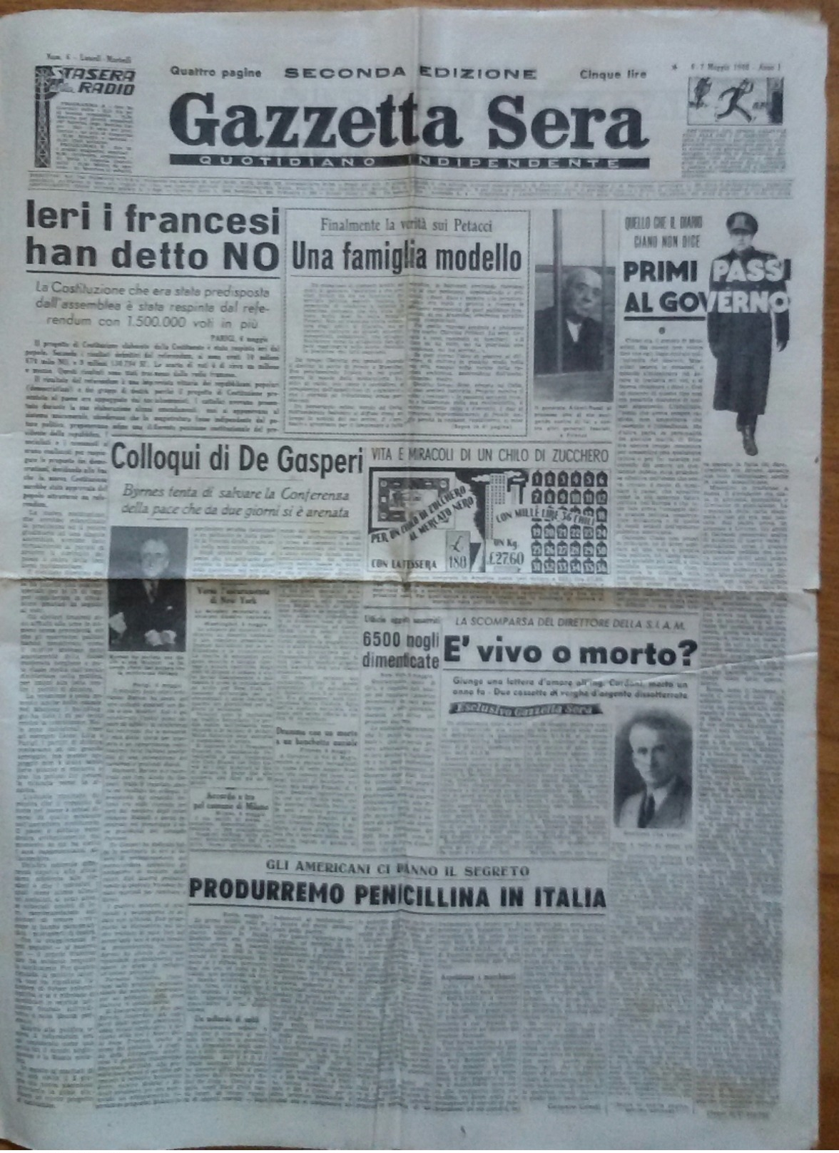 "GAZZETTA  SERA" - 6-7 MAGGIO 1946-VITA E MIRACOLI DI UN CHILO DI ZUCCHERO-(4 PAGINE ORIGINALI) - Altri & Non Classificati