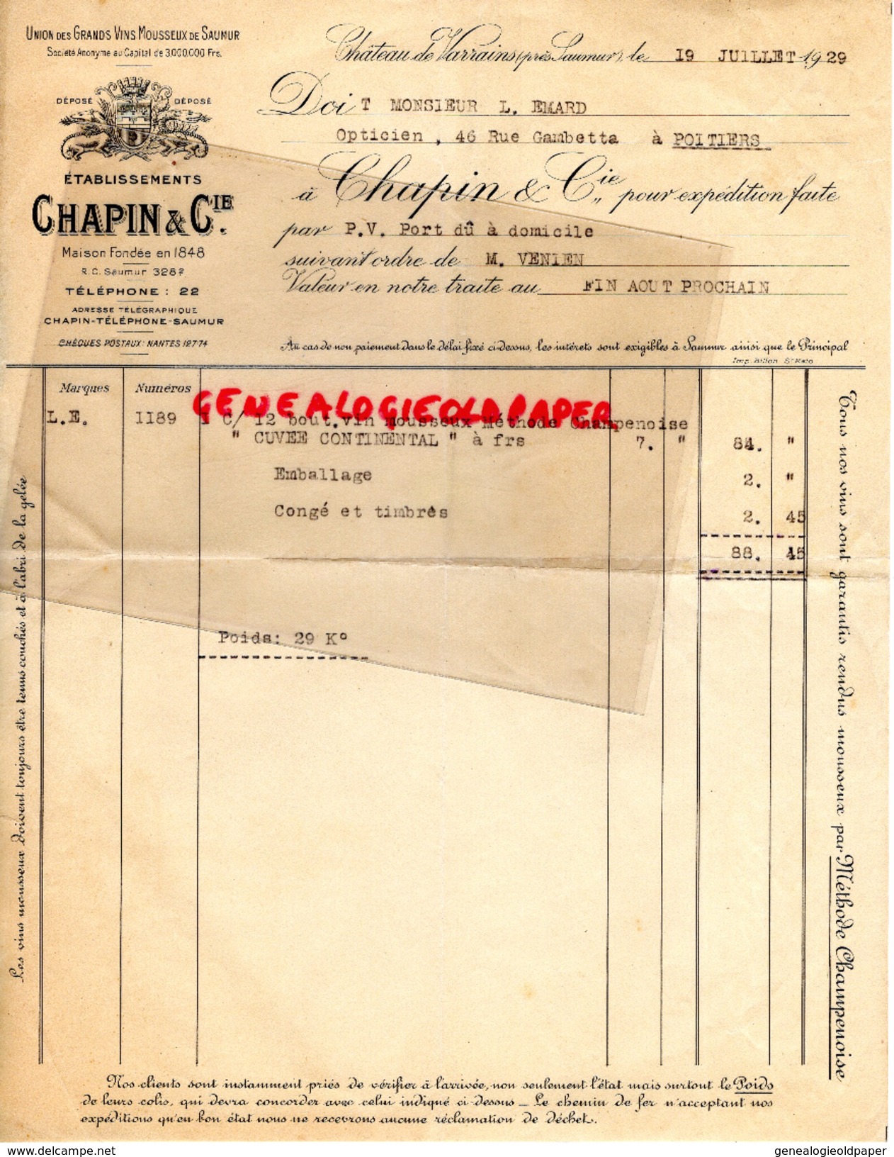 49 - CHATEAU DE VARRAINS PRES SAUMUR- FACTURE ETS. CHAPIN -1929 - 1900 – 1949