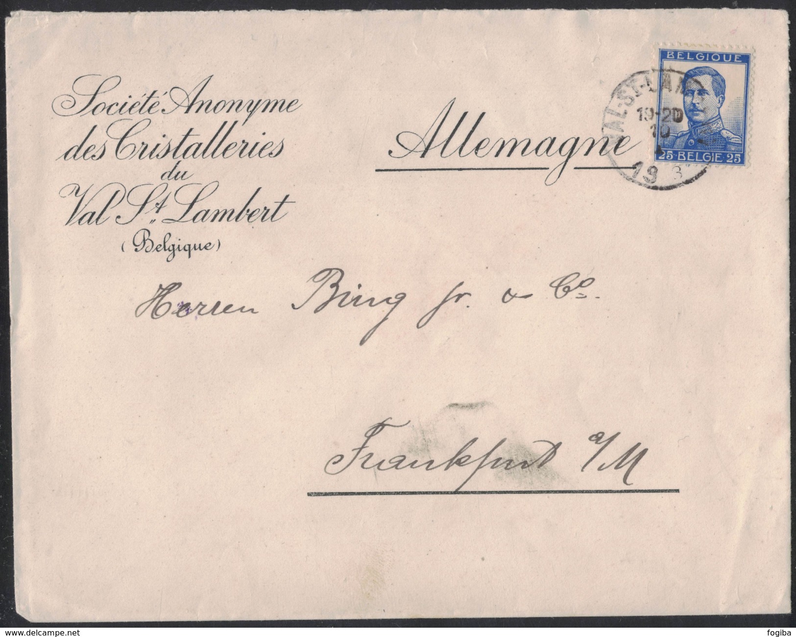 AZ339       Belgique 1913 Cover Val St.Lambert Societè Anonyme Des Cristalleries To Allemagne Frankfurt - Covers & Documents