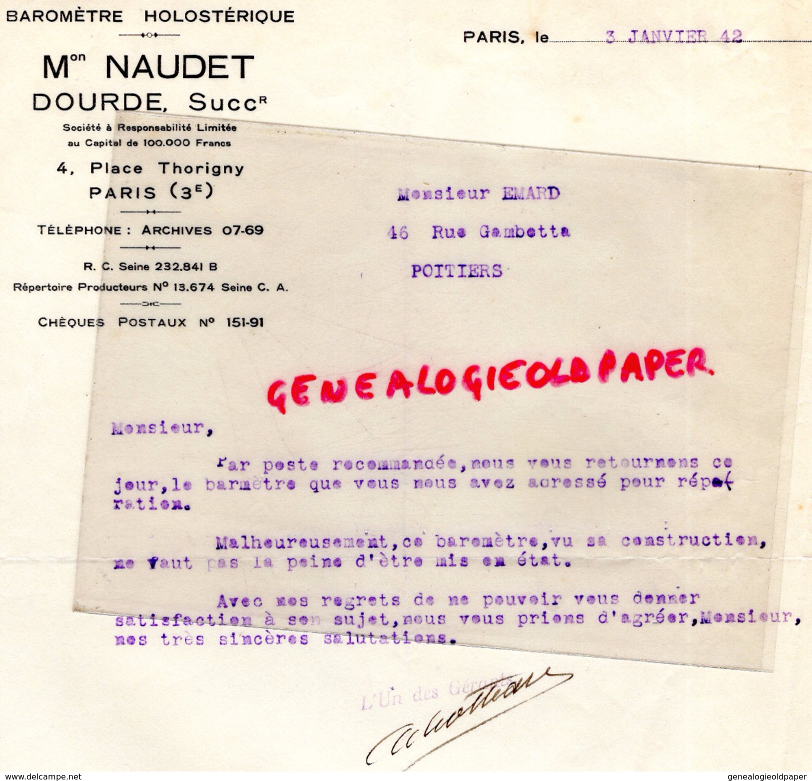 75- PARIS - FACTURE NAUDET DOURDE - 4 PLACE THORIGNY- BAROMETRE HOLOSTERIQUE- OPTIQUE- 1942 - 1900 – 1949