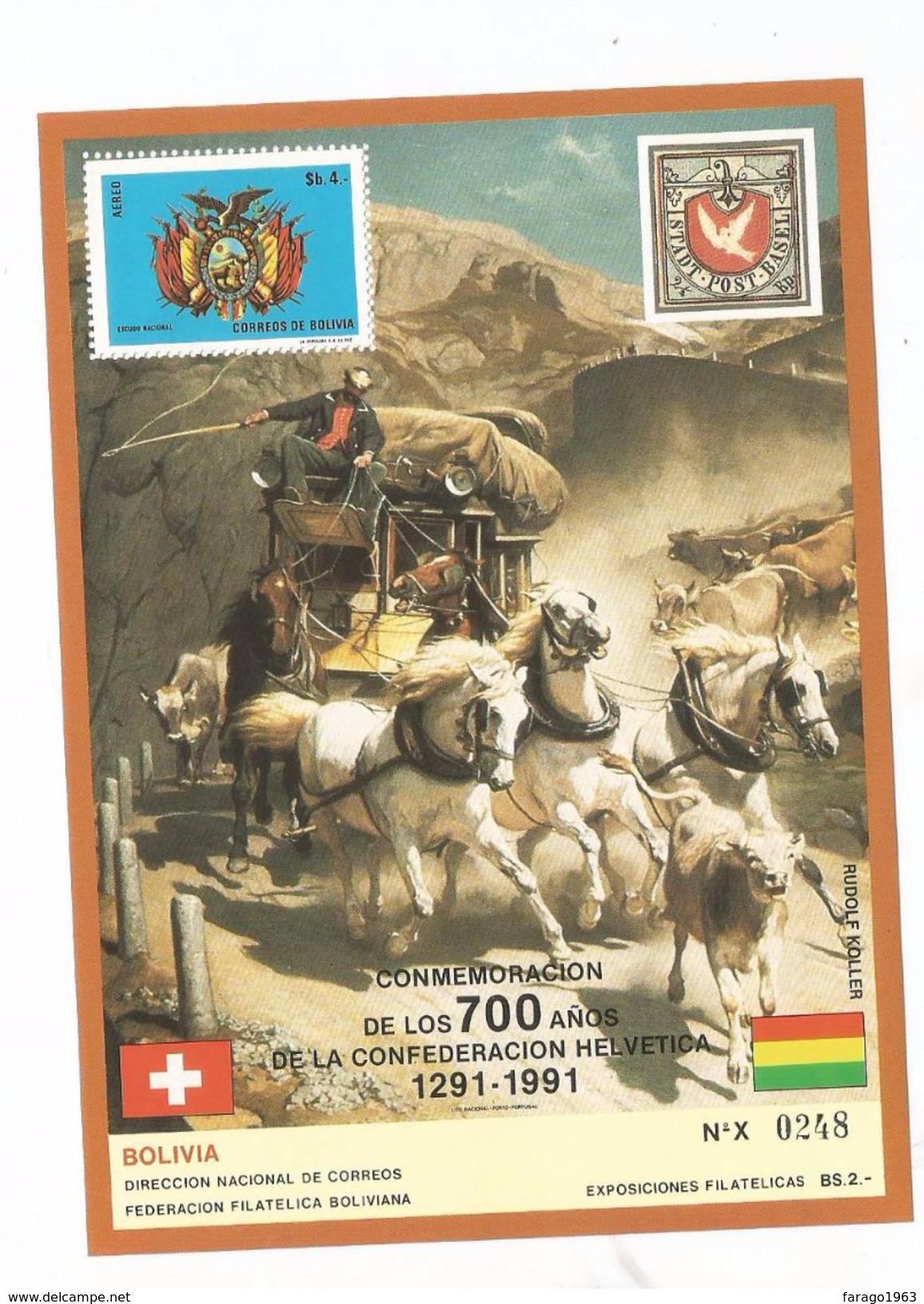 1990 Bolivia Links With Switzerland Souvenir Sheet Horses Flags MNH  LIMITED EDITION Scott $40 - Bolivia