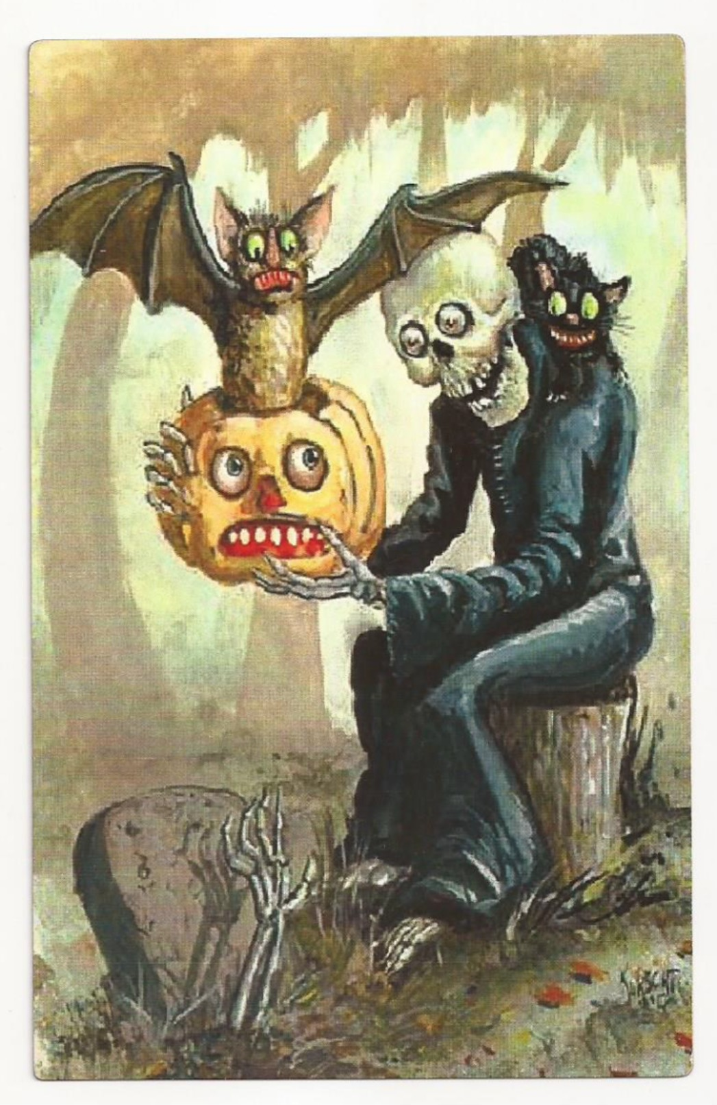 Halloween, Skeleton, Black Cat, Pumpkin And Bat, Unused Postcard - Zonder Classificatie