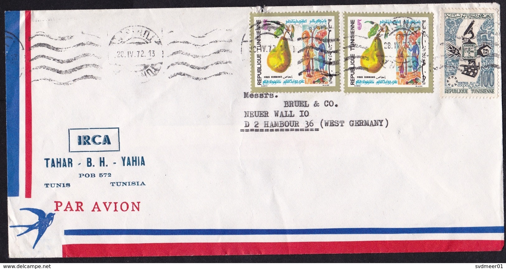 Tunisia: Airmail Cover To Germany, 1972, 3 Stamps, Pear, Fruit, Expo Montreal, Microscope (minor Damage) - Tunesië (1956-...)