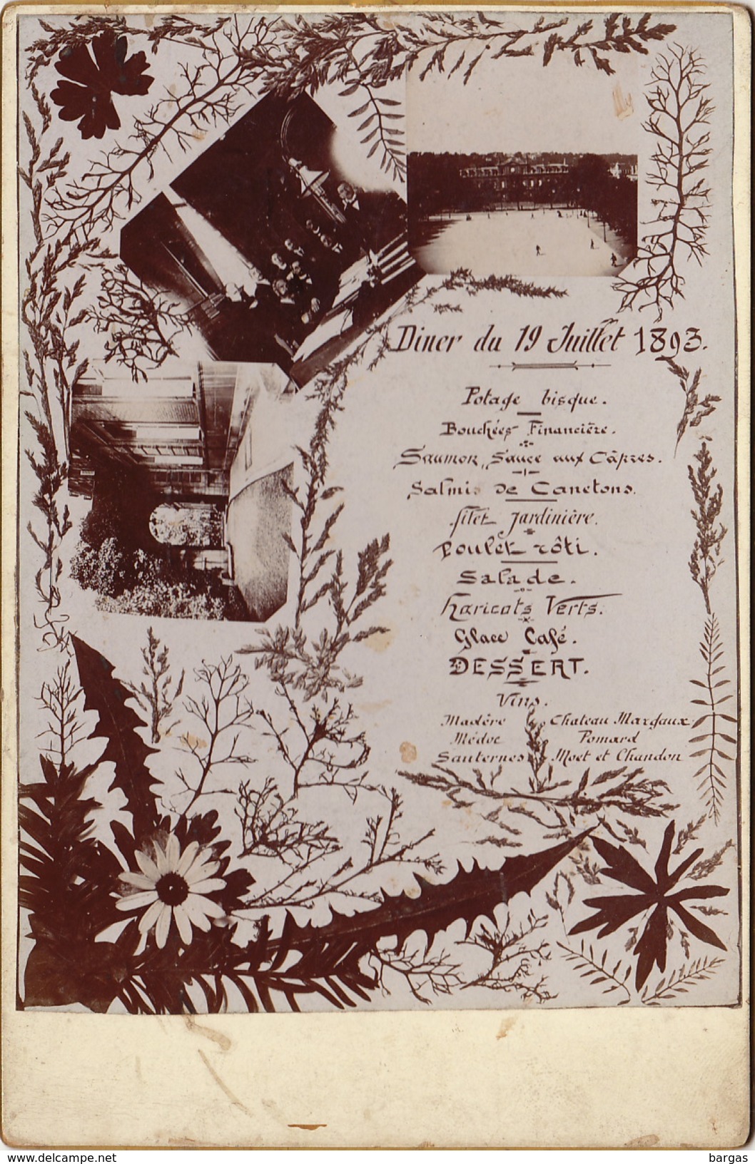 Menu Photo Sur Carton Cabinet Size Juillet 1893 - Menus