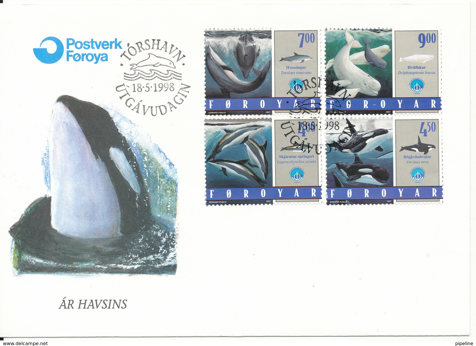 Faroe Islands FDC 18-5-1998 Whales Complete Set Of 4 With Cachet - Whales