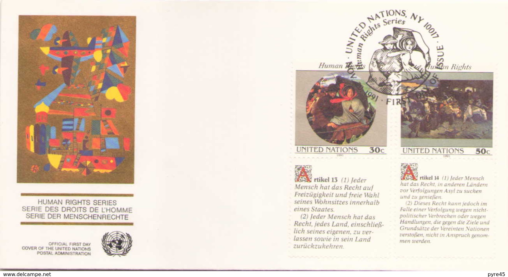 NATIONS UNIES FDC DU 20 NOVEMBRE 1991 NEW YORK SERIE DES DROITS DE L HOMME - Covers & Documents