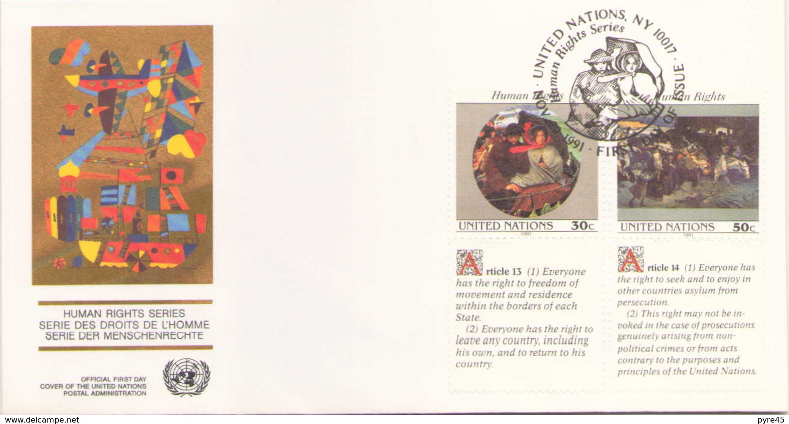 NATIONS UNIES FDC DU 20 NOVEMBRE 1991 NEW YORK SERIE DES DROITS DE L HOMME - Cartas & Documentos