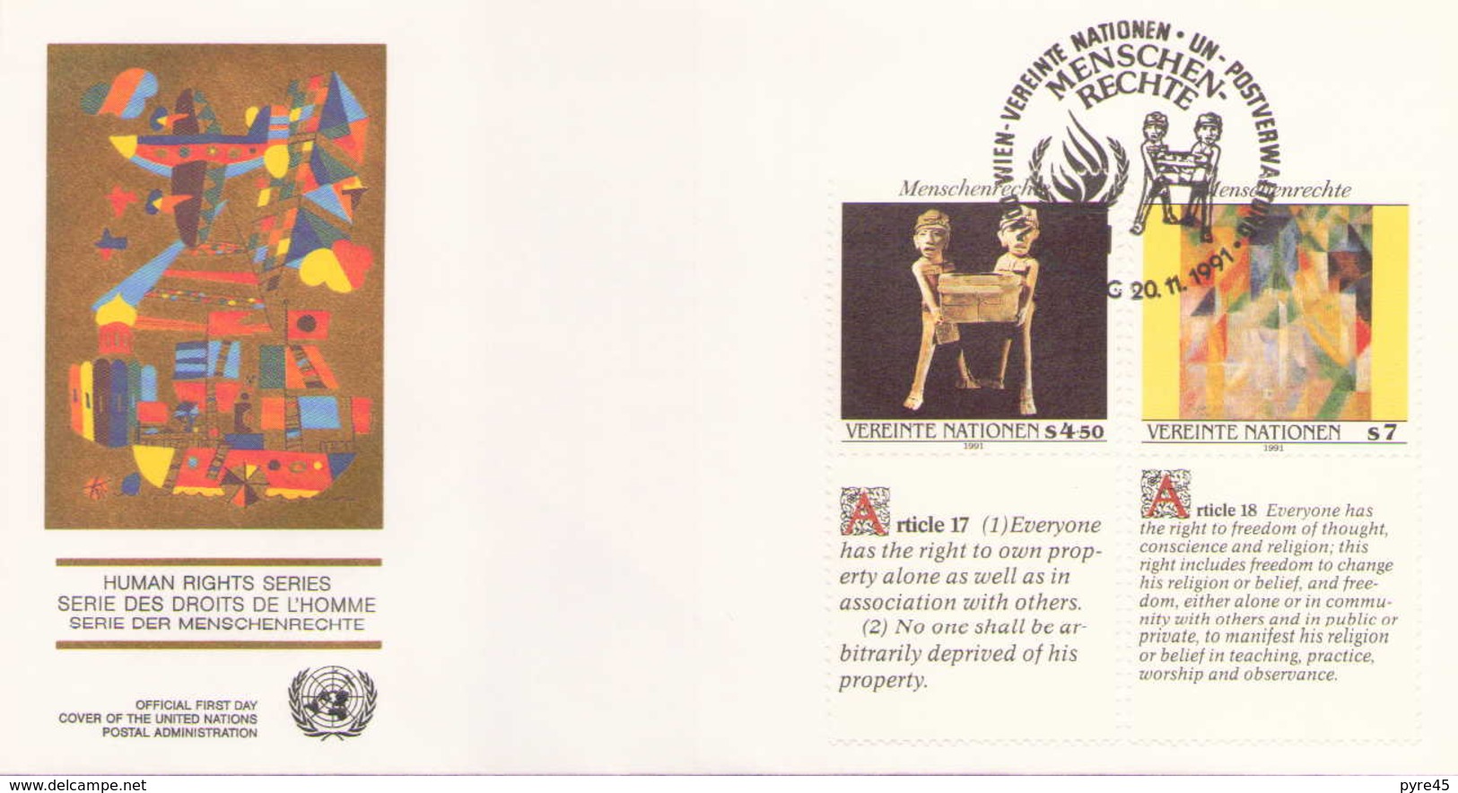 NATIONS UNIES FDC DU 20 NOVEMBRE 1991 VIENNE SERIE DES DROITS DE L HOMME - Storia Postale