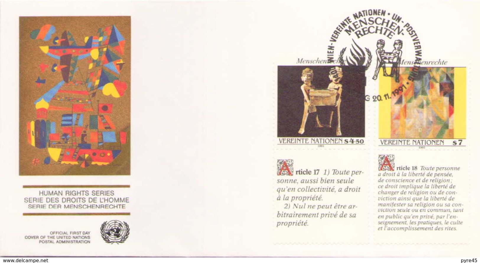 NATIONS UNIES FDC DU 20 NOVEMBRE 1991 VIENNE SERIE DES DROITS DE L HOMME - Lettres & Documents